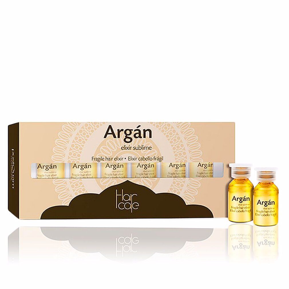 Kartonverpackung mit sechs Ampullen und zwei Fläschchen. Aufschrift: Argan, Elixir sublime, Fragile hair elixir. Marke: Hair cafe.