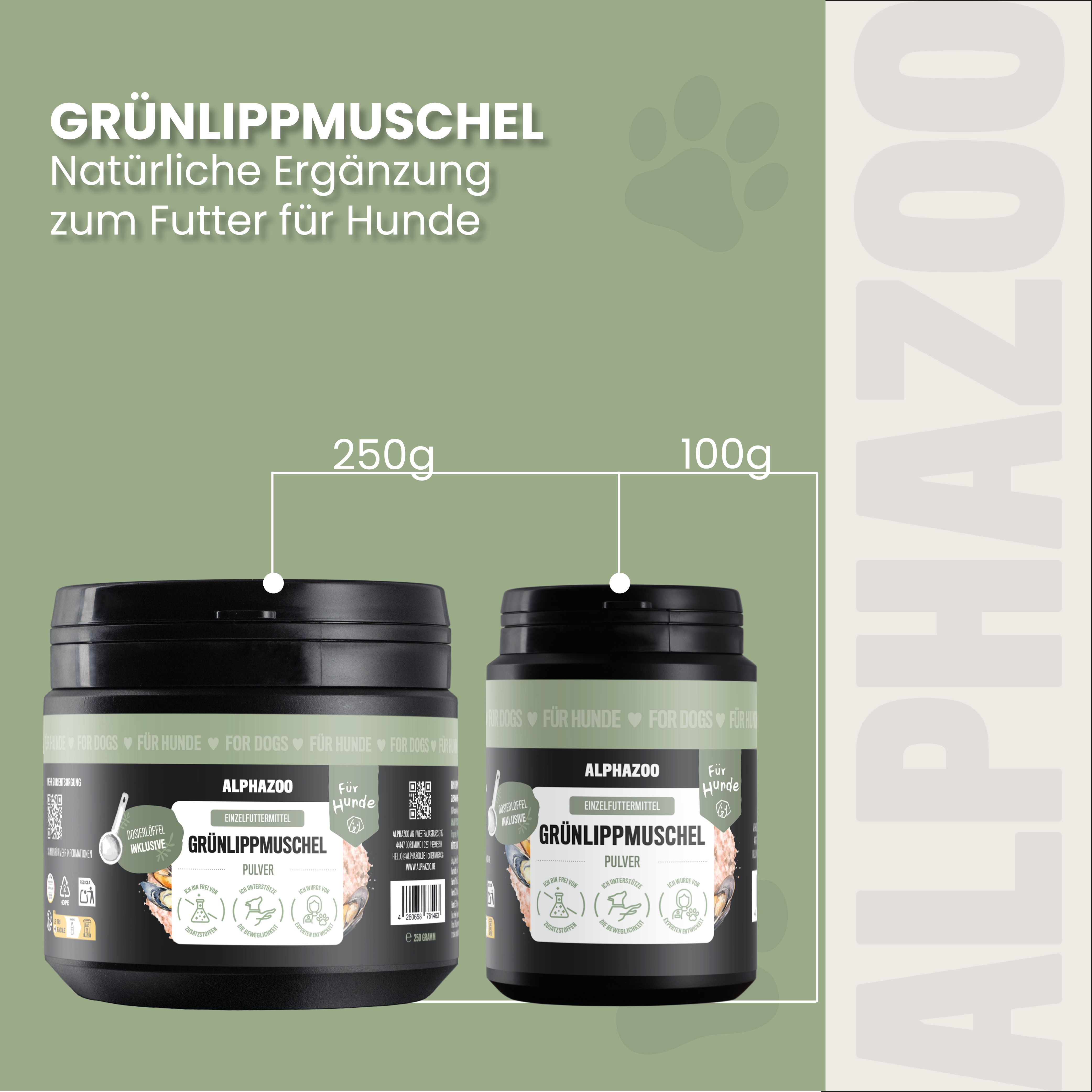 Zwei schwarze Dosen mit "ALPHAZOO Grünlippmuschel Pulver". Eine Dose 250g, die andere 100g. Text: Natürliche Ergänzung zum Futter für Hunde.