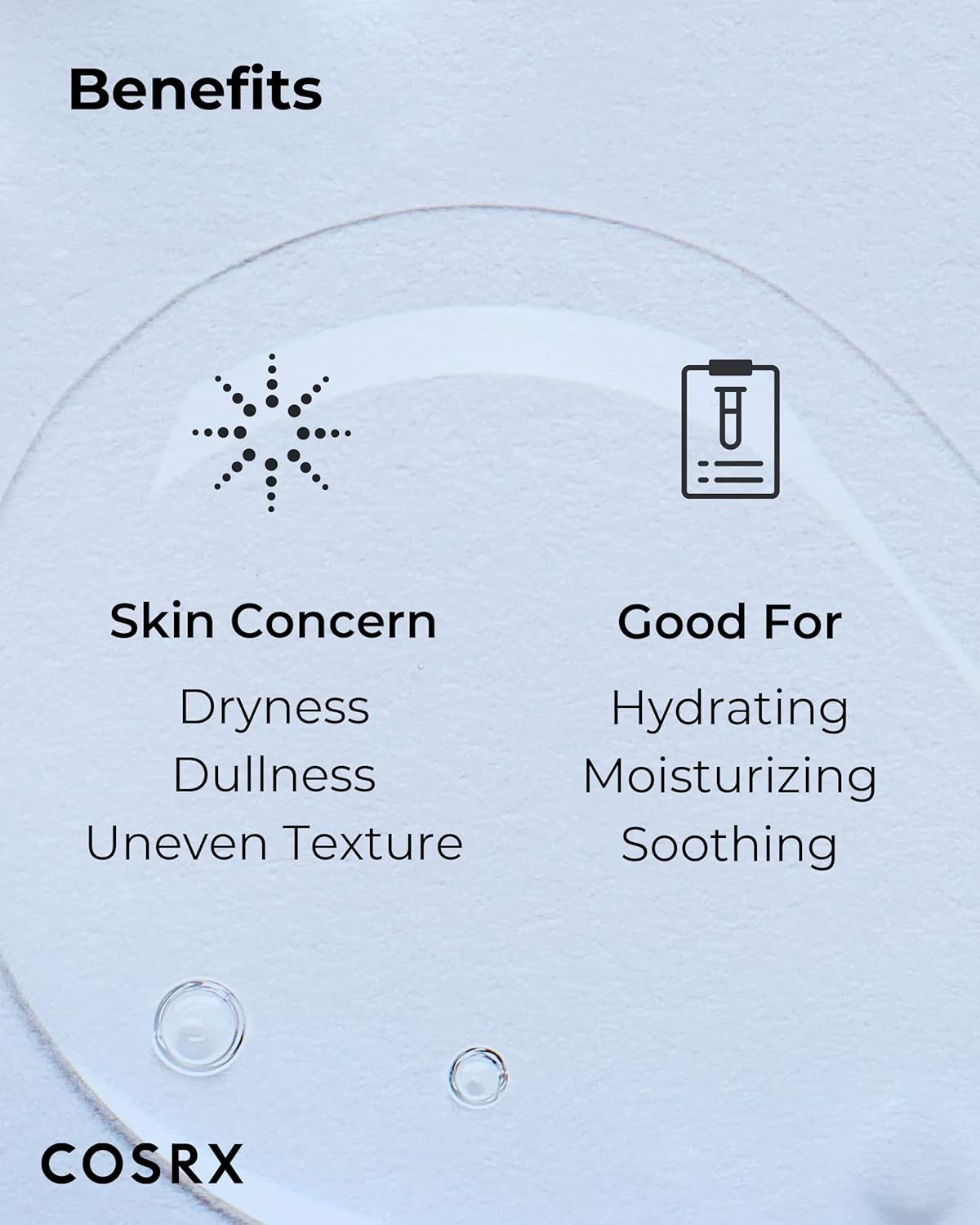 Text: Benefits. Skin Concern: Dryness, Dullness, Uneven Texture. Good For: Hydrating, Moisturizing, Soothing. Auf hellem Hintergrund.