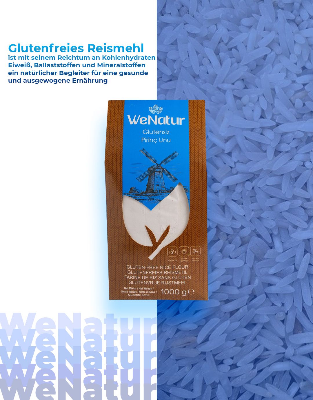 WeNatur glutenfreies Reismehl, 1000g Packung auf einer Marmoroberfläche.