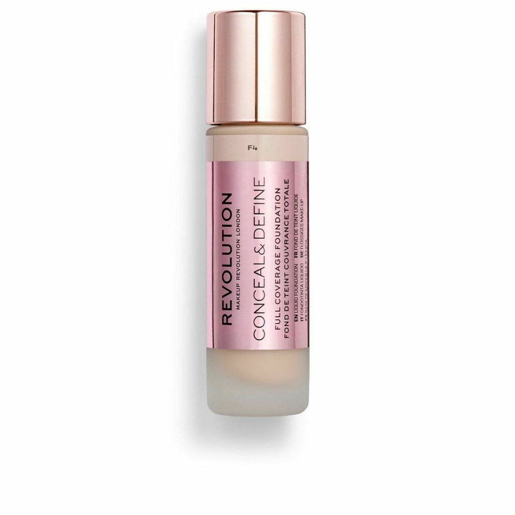 Make-up-Fläschchen mit rosafarbenem Etikett. Deckel in Roségold. Produktname: CONCEAL & DEFINE. Aufschrift: FULL COVERAGE FOUNDATION.