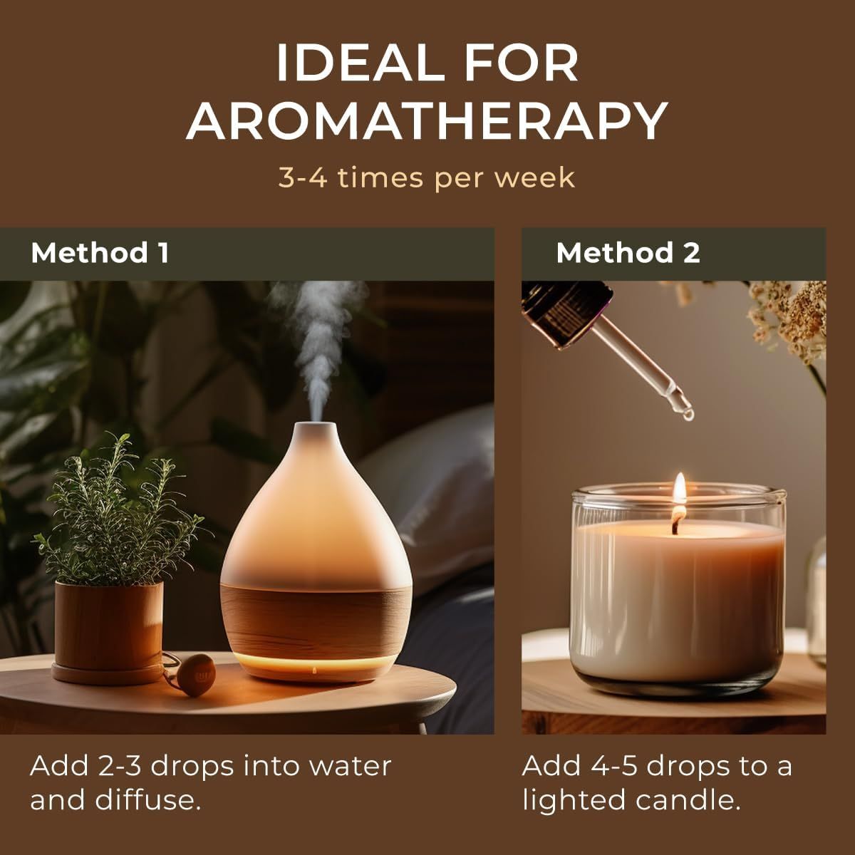 Diffusor und Kerze mit Tropfen. Text: Ideal für Aromatherapie. Methode 1: 2-3 Tropfen ins Wasser. Methode 2: 4-5 Tropfen in Kerze.