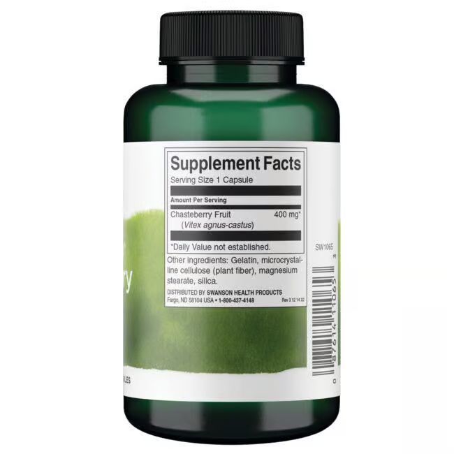 Rückseite der grünen Flasche. Weißes Etikett mit Nährwertangaben. Inhaltsstoffe: Chasteberry Fruit, 400 mg.