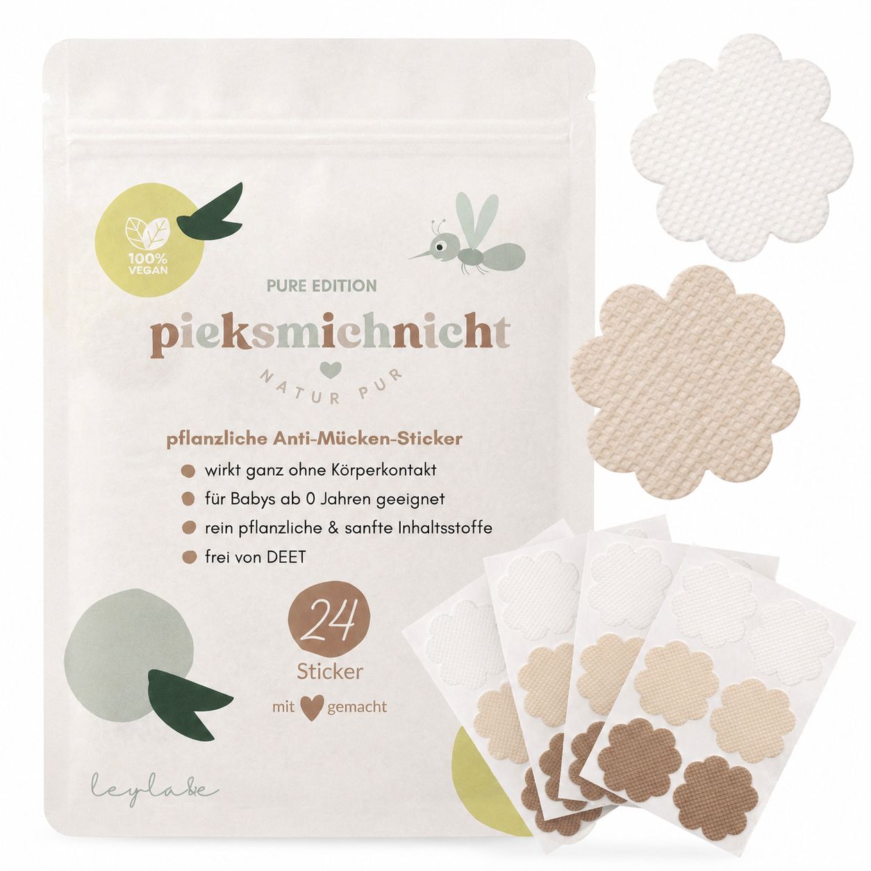 Packung mit Anti-Mücken-Stickern. Aufdruck: pieksmichnicht, Pure Edition. 24 Sticker in verschiedenen Farben.