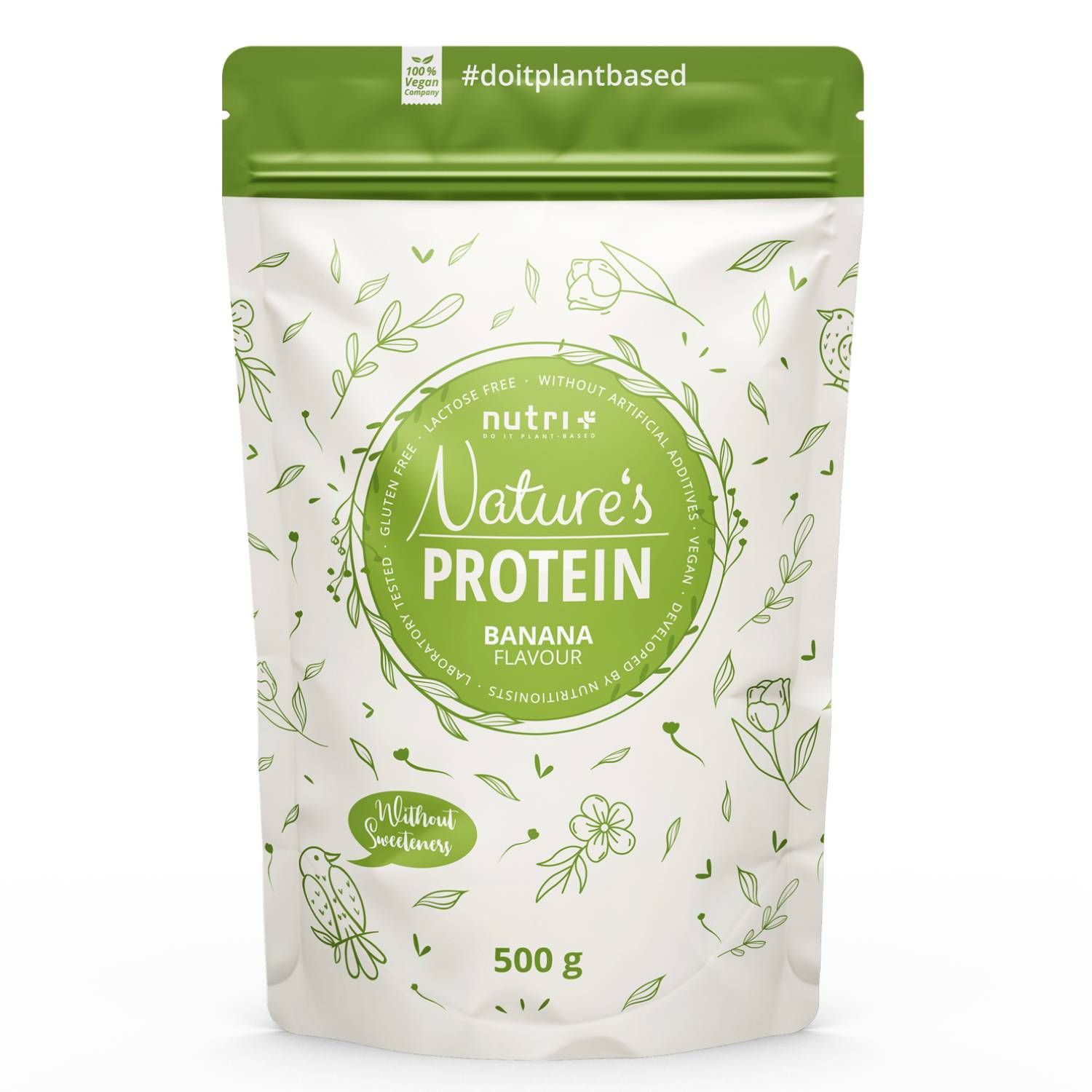 Beutel mit Nature's Protein, Bananengeschmack, ohne Süßstoff. Grün-weißes Design, 500g. Vegan, laktosefrei, glutenfrei.