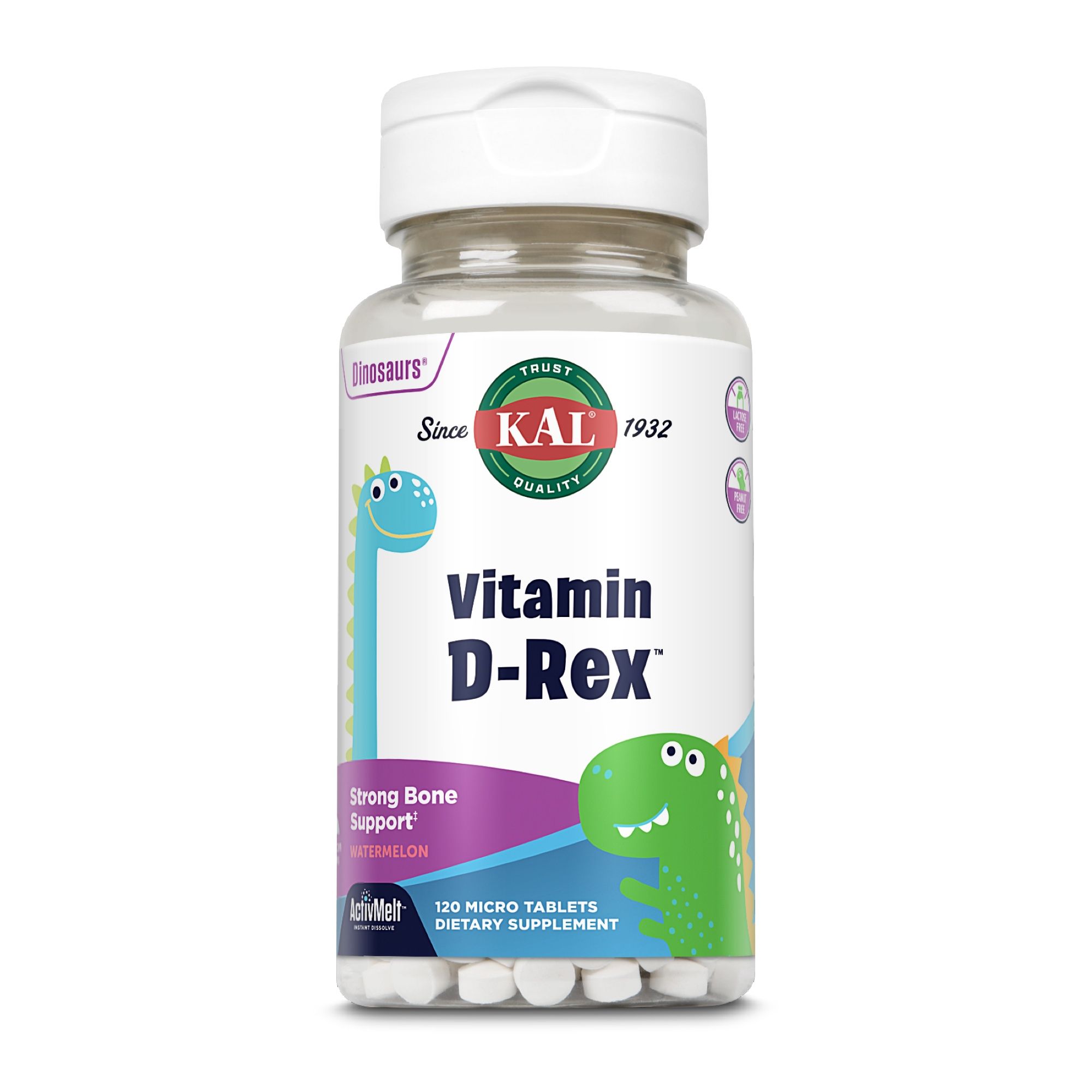 KAL Vitamin D-Rex D3 600 i.E. ActivMelt. Flasche mit Tabletten, Dinosaurier-Illustrationen. Text: Strong Bone Support, 120 Micro Tablets, Dietary Supplement.