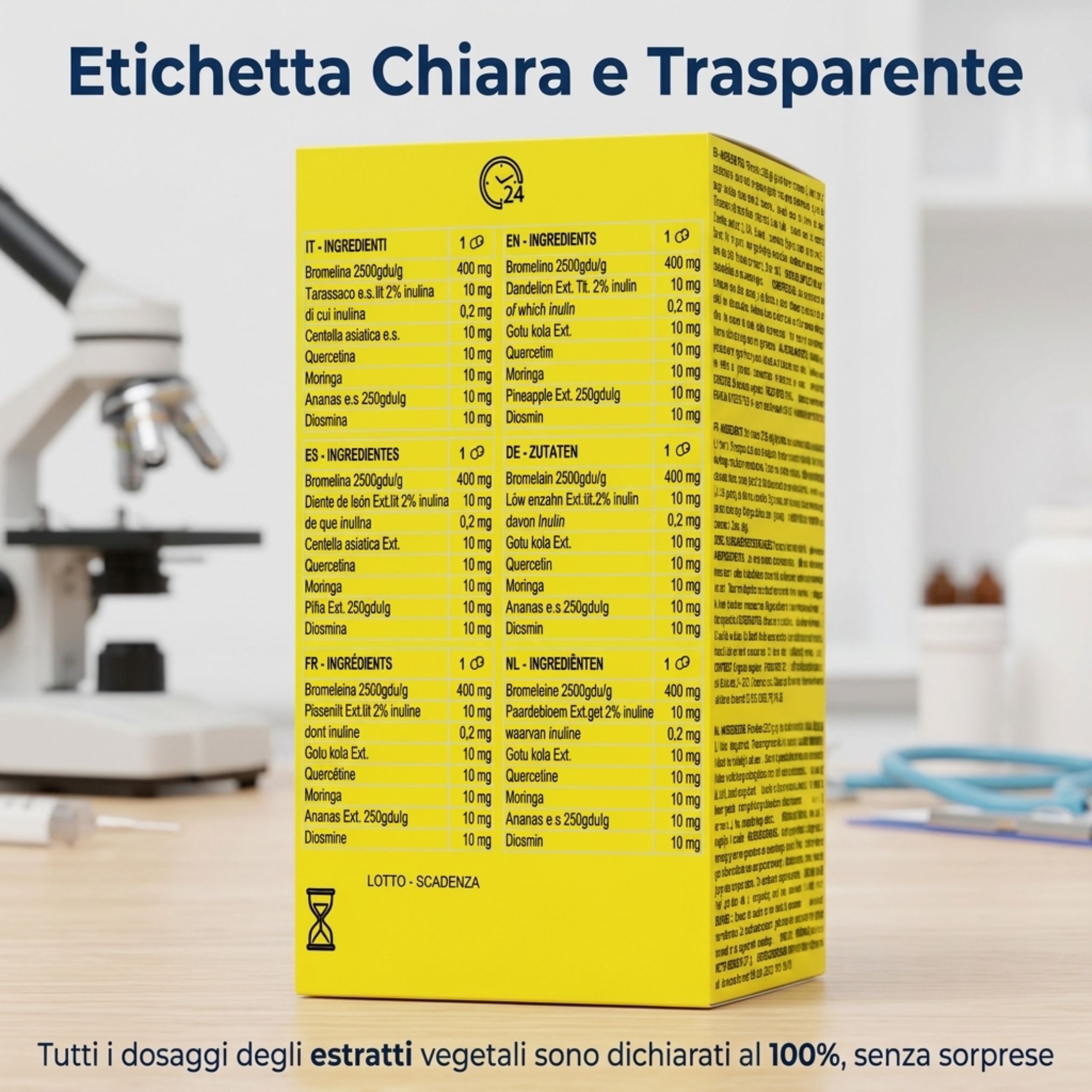 Gelbe Verpackung mit detaillierter Zutatenliste für Bromelain-Kapseln.