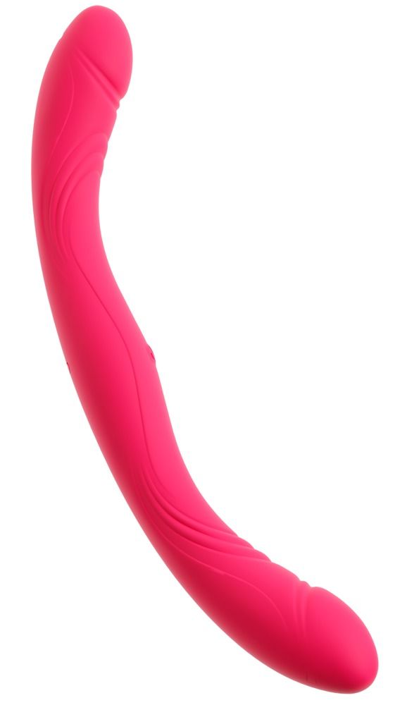 Ein pinker Doppelvibrator in U-Form mit geriffelten Akzenten und einem Knopf, isoliert auf weißem Hintergrund.