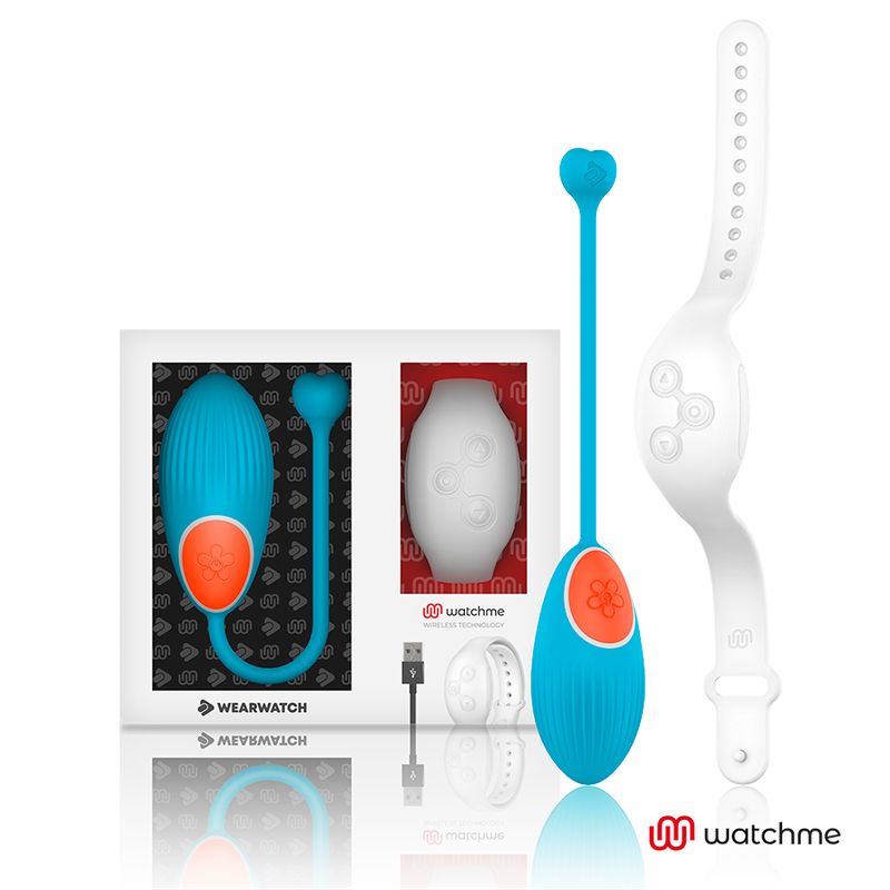 Produkt-Set: blaues Vibro-Ei, weiße Fernbedienung, USB-Kabel und Verpackung. Marken: Wearwatch, watchme.