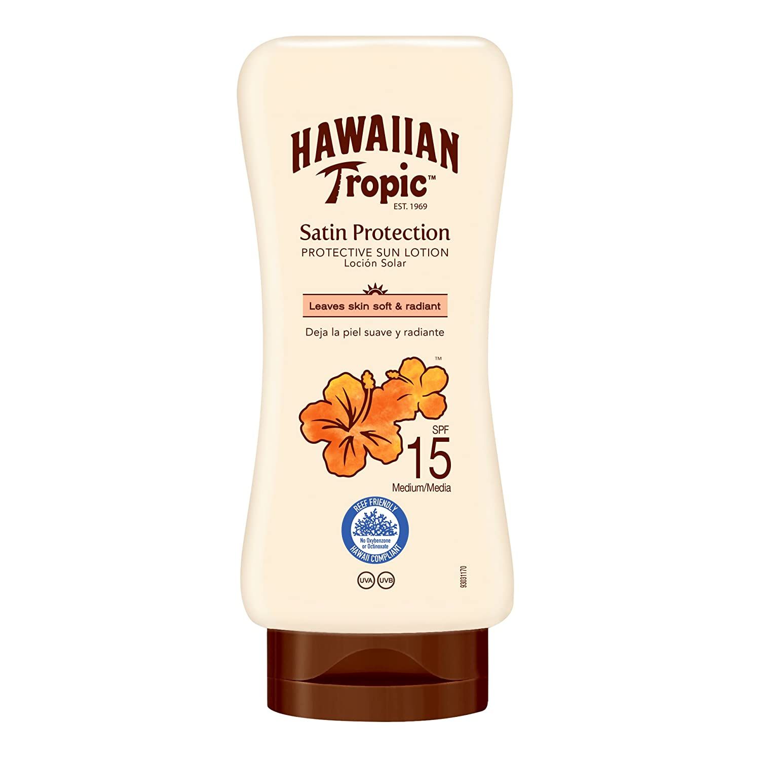 Sonnencreme-Flasche. Hawaiian Tropic Satin Protection LSF 15. Beige Flasche mit braunem Deckel. Text und Blumen-Illustration.