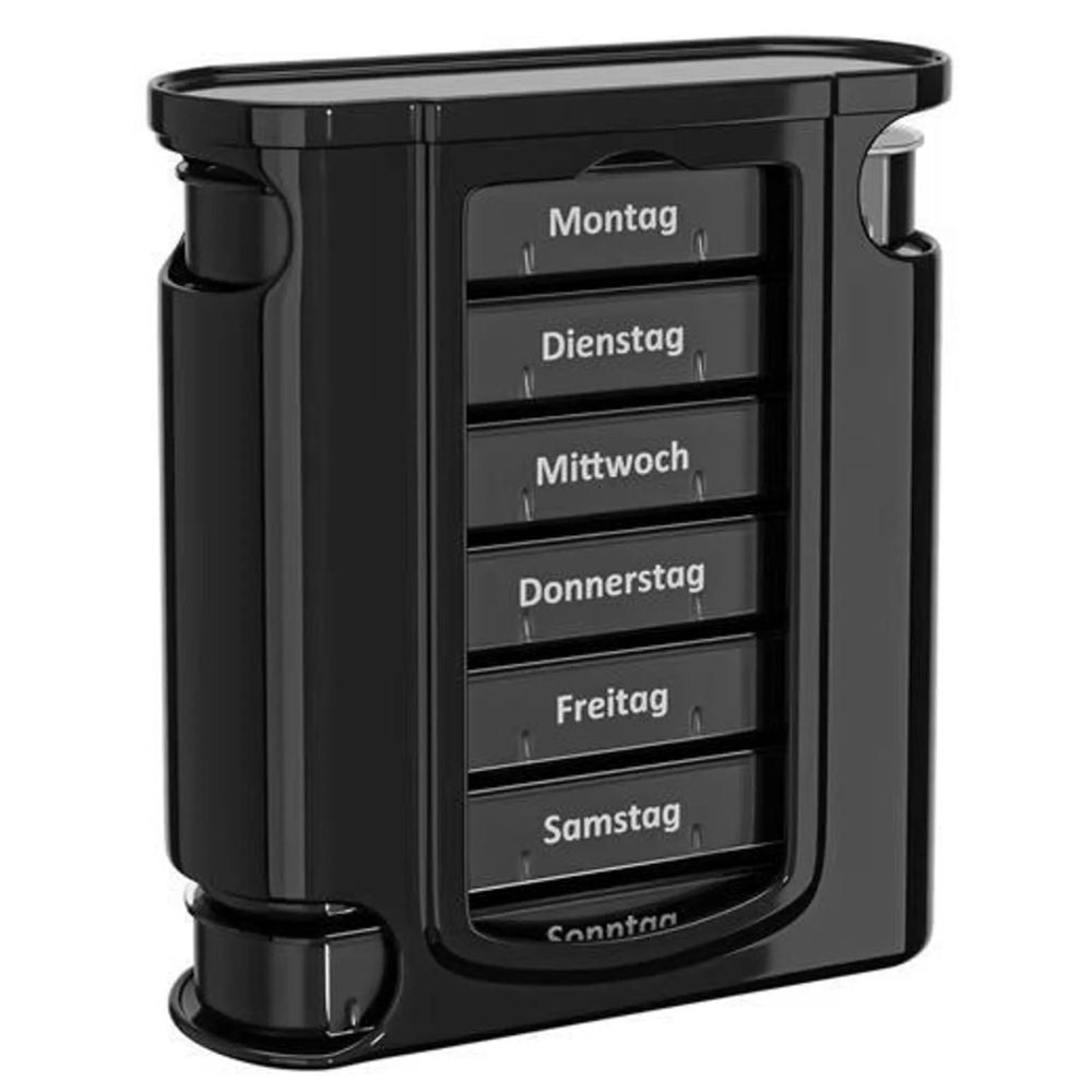 Schwarze Tablettenbox mit 7 Tagesfächern. Beschriftung mit Wochentagen. Das Design ist rechteckig und kompakt.