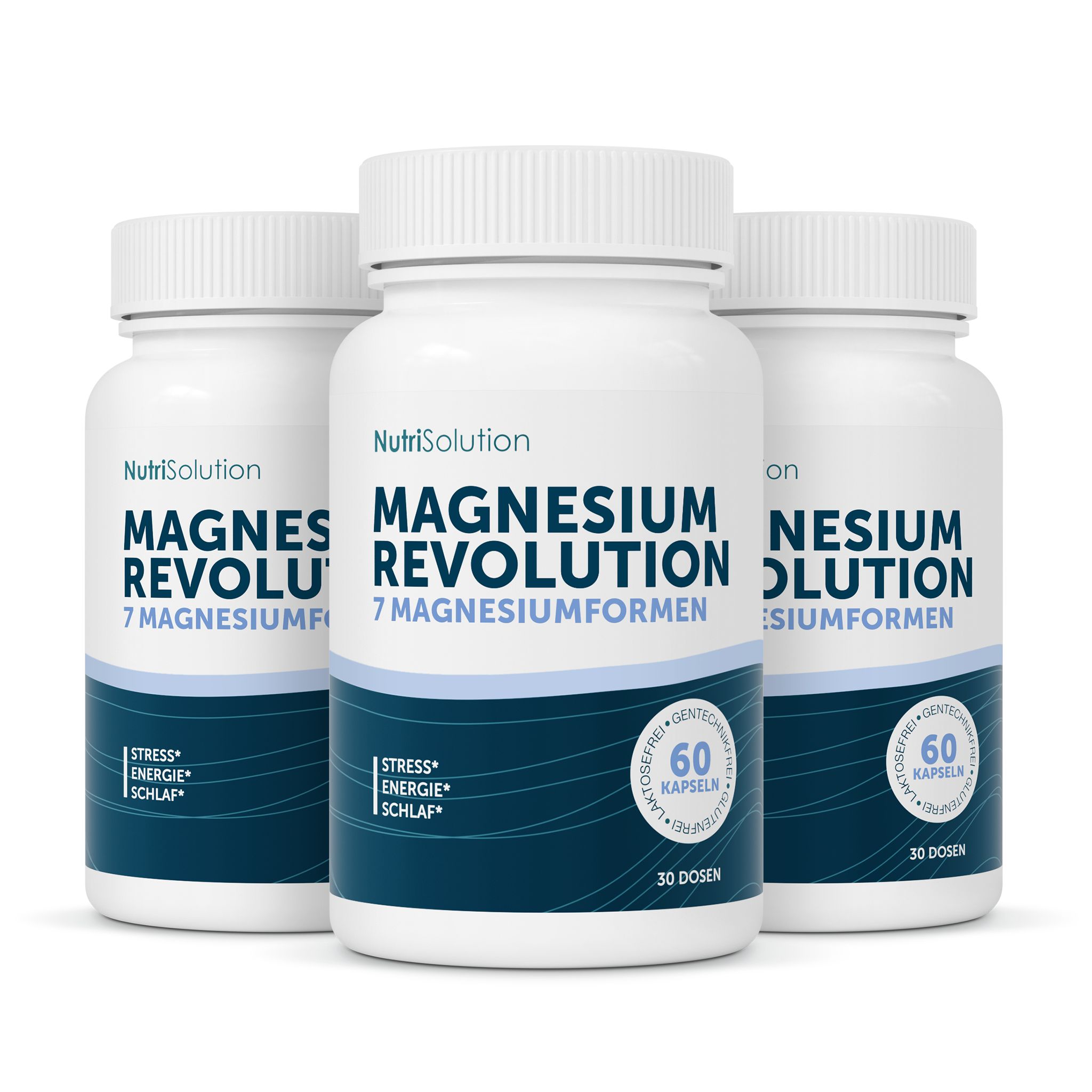 Drei Flaschen NutriSolution Magnesium Revolution mit jeweils 60 Kapseln.