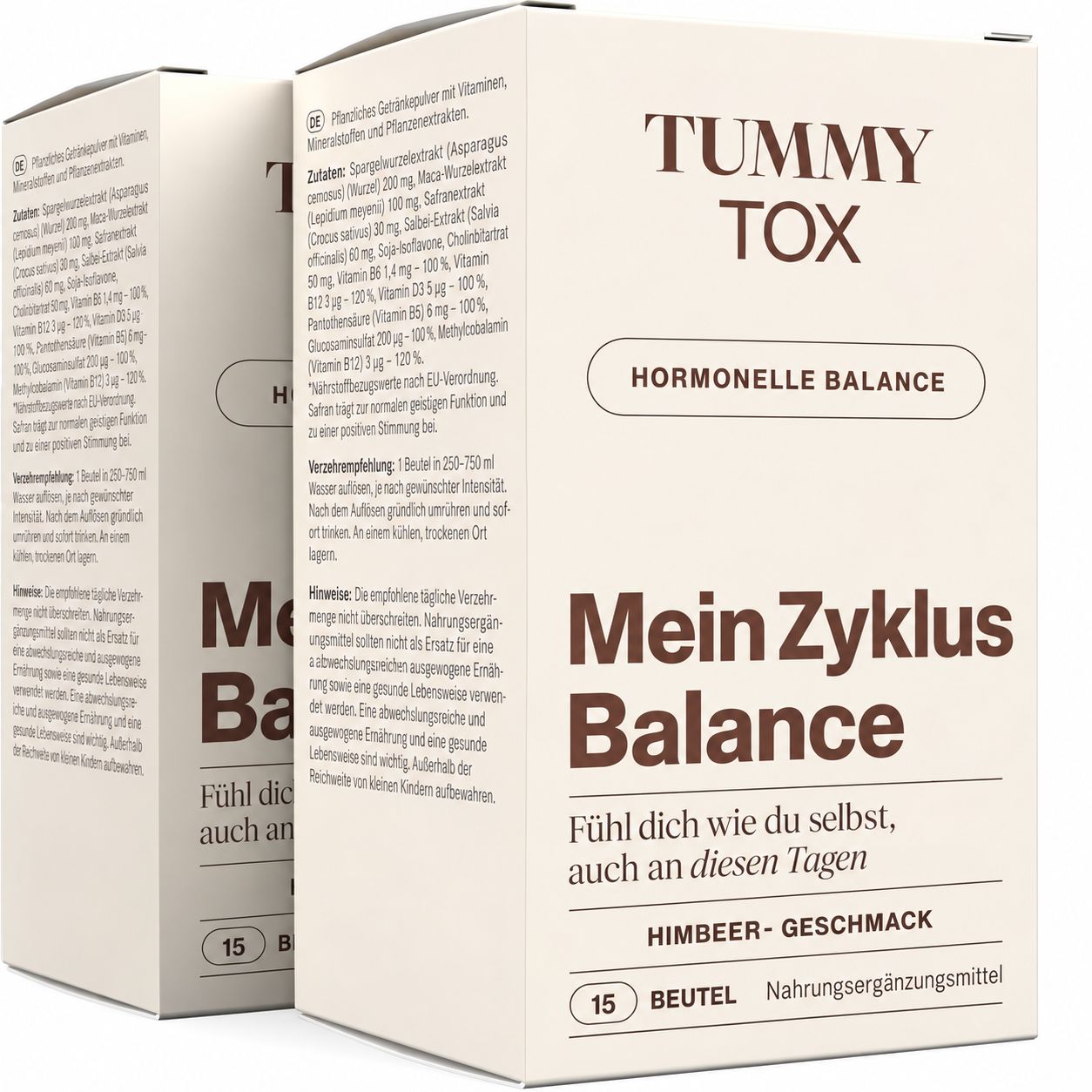 Zwei Kartons "Tummy Tox Mein Zyklus Balance" Himbeer-Geschmack.