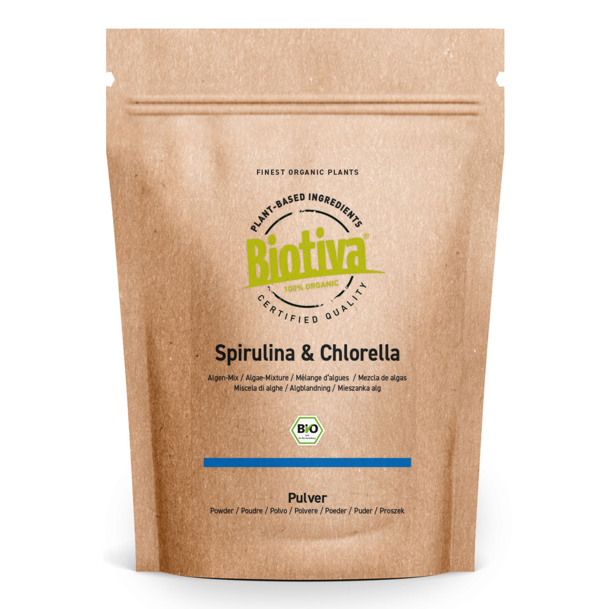 Beutel mit Biotiva Spirulina & Chlorella Pulver. Braune Papierverpackung mit grünem Logo und Produktbezeichnung.