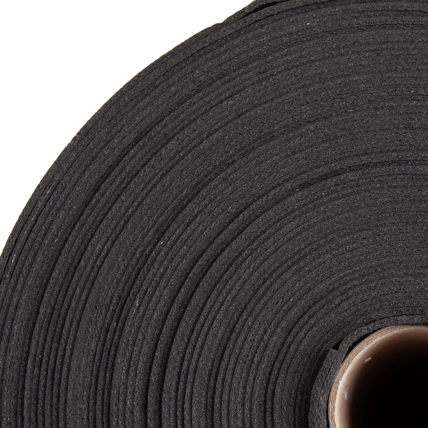 Nahaufnahme einer Rolle PVC schwarz. Sichtbare, aufgerollte Schichten. Strukturierte Oberfläche.