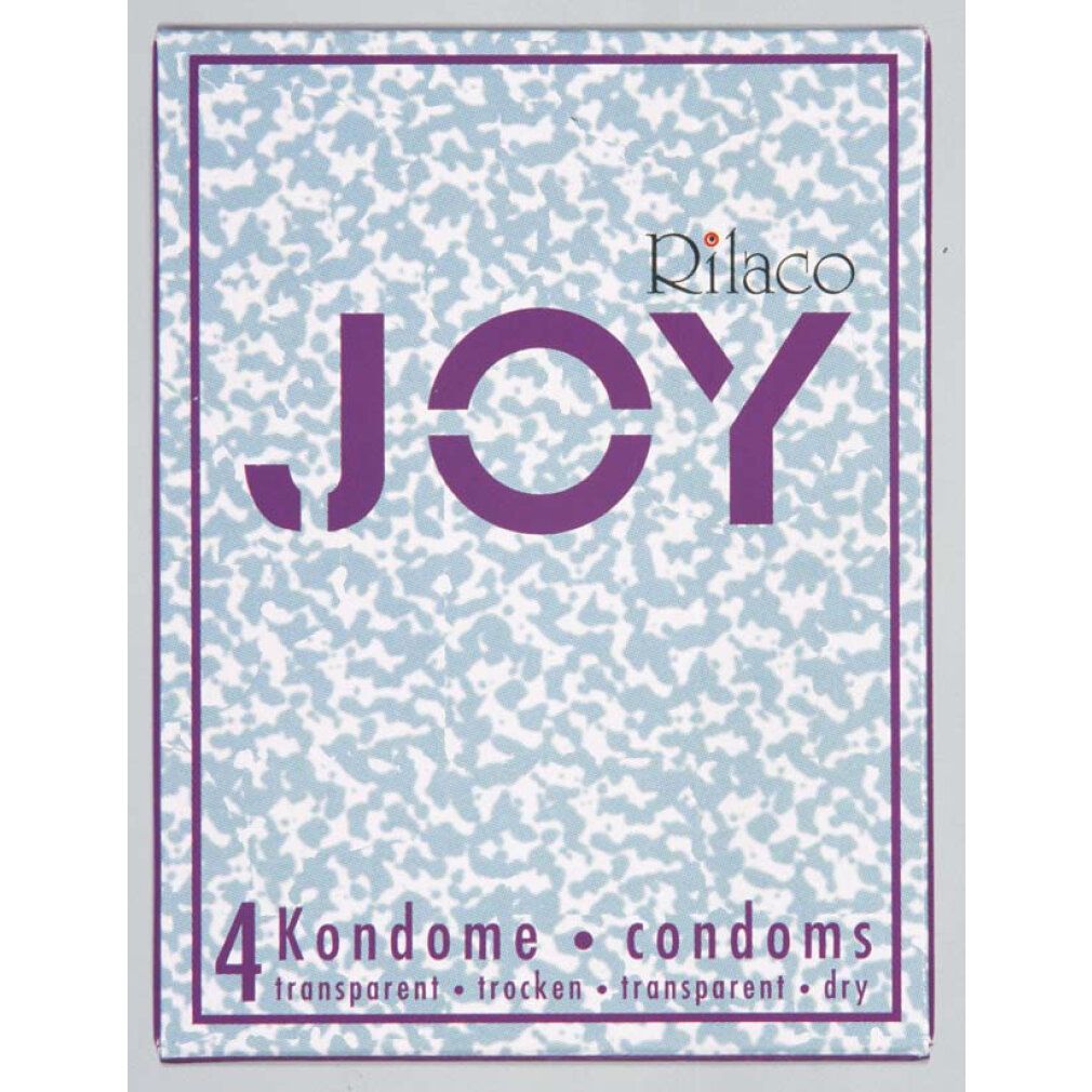 Produktverpackung mit "JOY" und "Rilaco" Logo. Enthält 4 Kondome. Text: transparent, trocken.