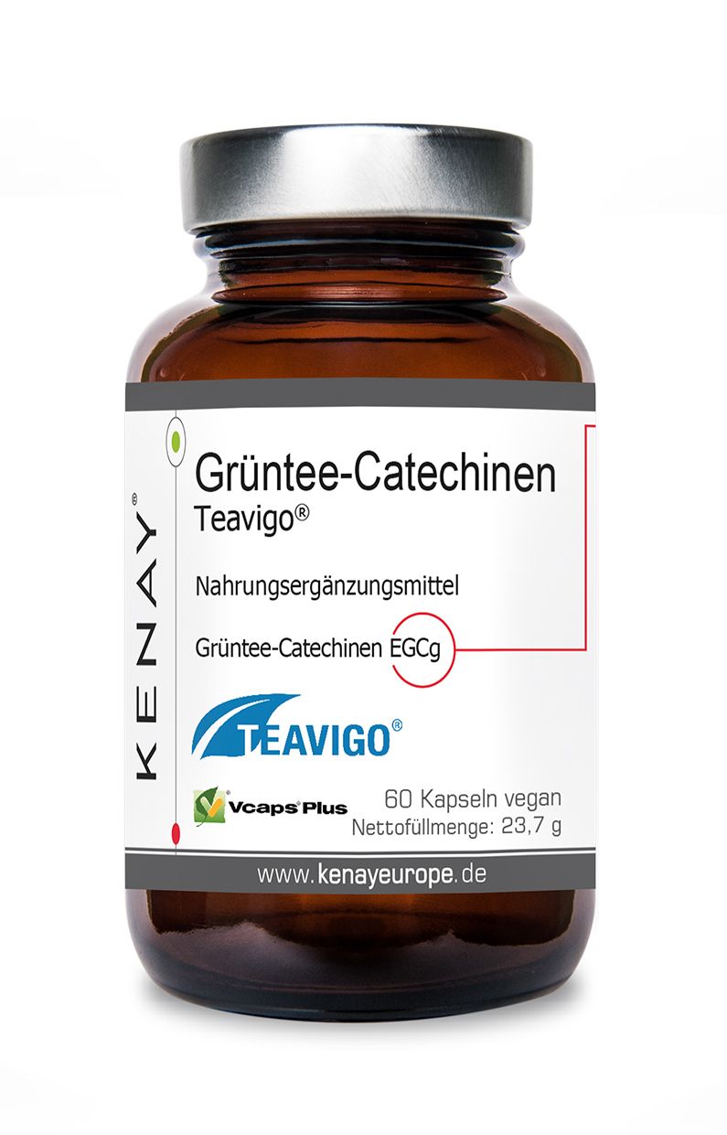 Braune Glasflasche mit weißem Etikett. Aufschrift: Grüntee-Catechin Teavigo, Nahrungsergänzungsmittel, KENAY, 60 Kapseln, vegan.