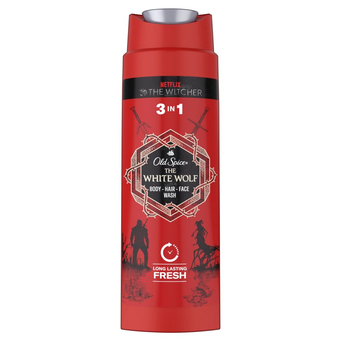 Rote Flasche mit silbernem Deckel. Aufschrift: Old Spice The White Wolf 3in1. Netflix The Witcher.