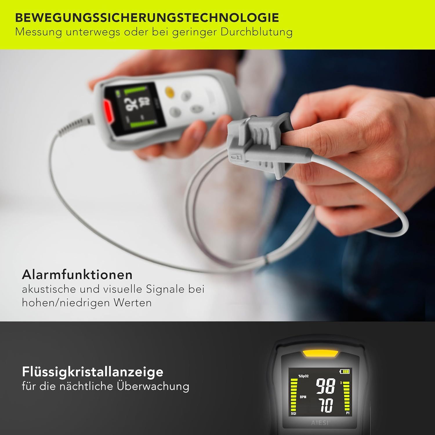 Ein Fingerspulsoximeter wird an einem Finger angebracht, zeigt Messwerte an und hat Alarmfunktionen.