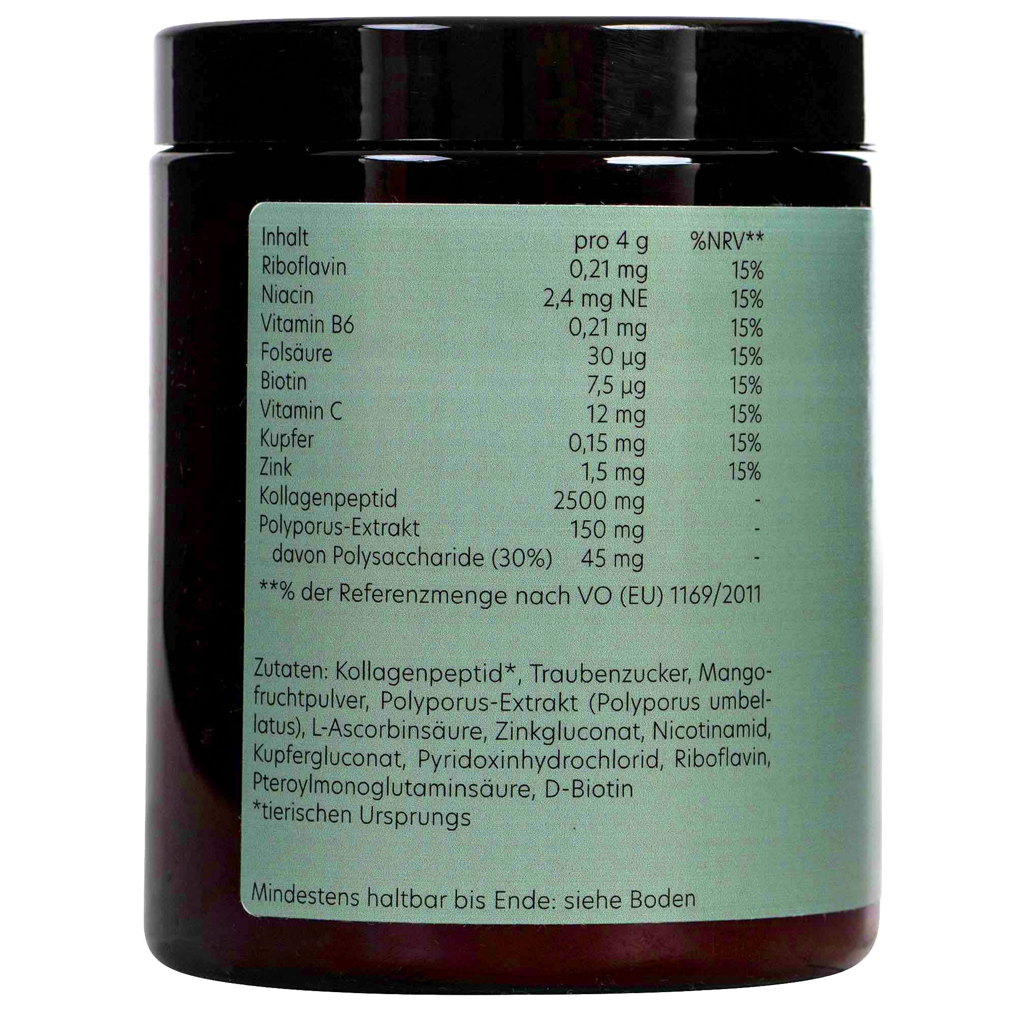 Nährwerttabelle auf der Dose. Angaben zu Riboflavin, Niacin, Vitamin B6, Folsäure, Biotin, Vitamin C, Kupfer, Zink, Kollagenpeptid, Polyporus-Extrakt.