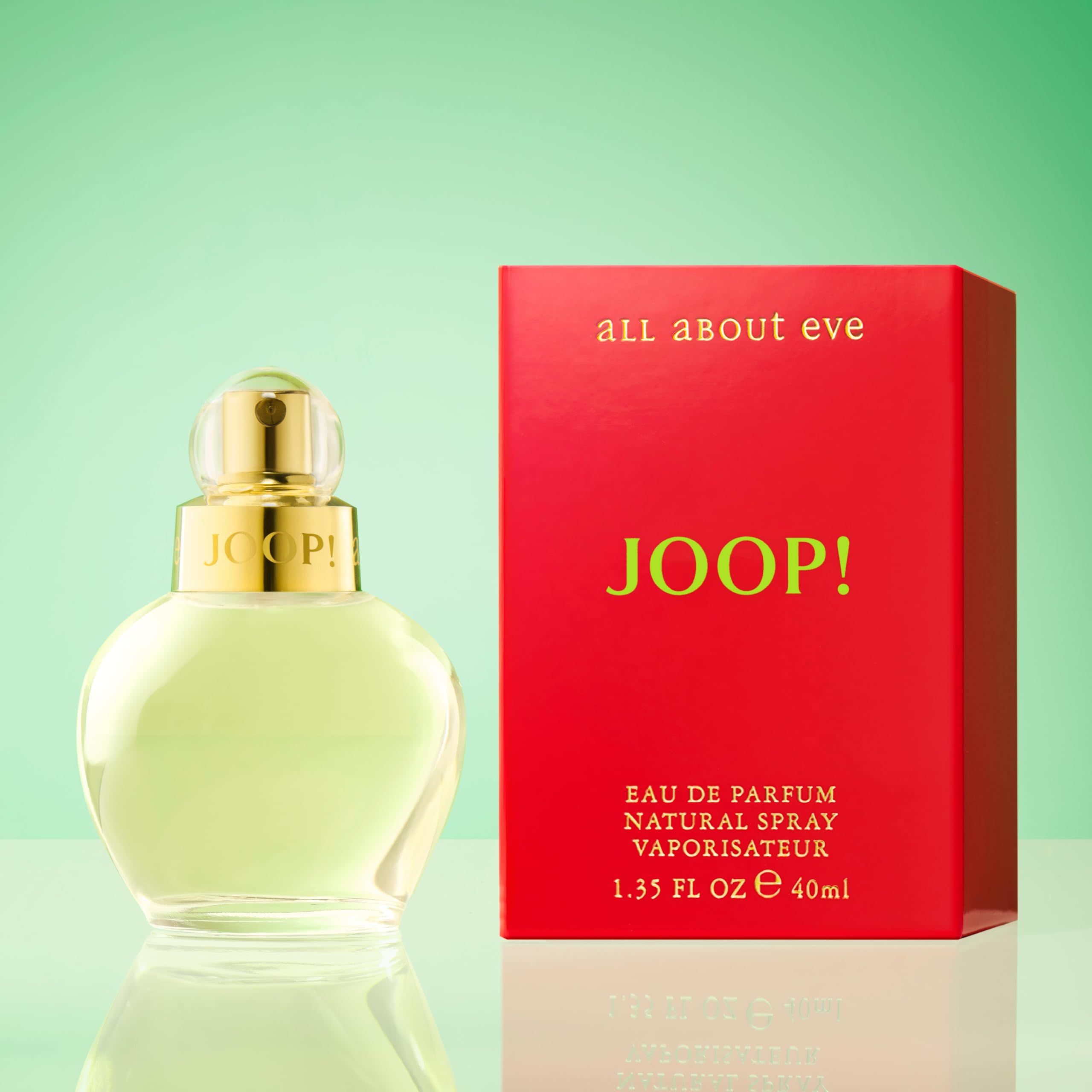 Joop! All About Eve Edp Spray und rote Verpackung. Flakon rund, goldener Verschluss. Verpackung mit Schriftzug JOOP! und Text.