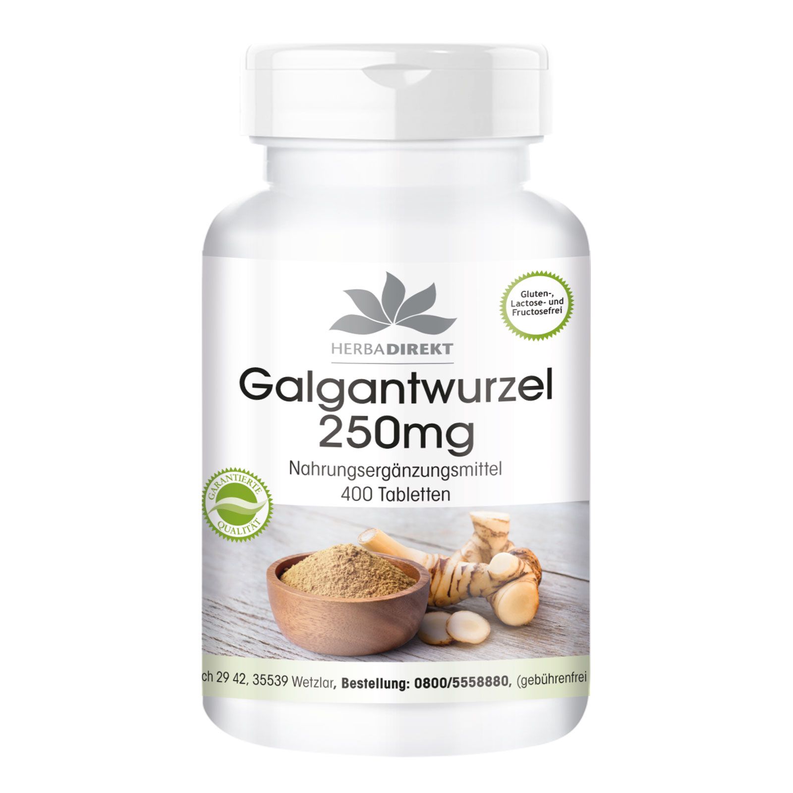 Weiße Flasche mit Etikett. Aufschrift: Galgantwurzel 250mg, 400 Tabletten. Logo: Herbadirekt. Abbildung: Galgantwurzel und Pulver.