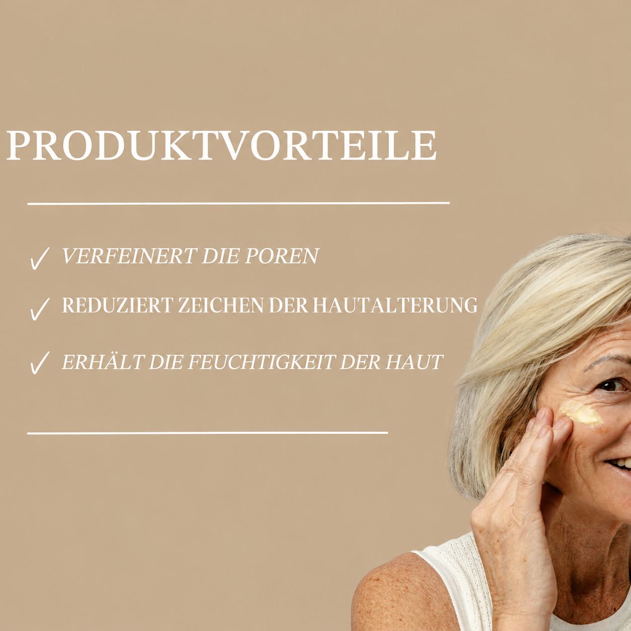 Frau trägt Creme auf, Vorteile: verfeinerte Poren, reduzierte Hautalterung, Feuchtigkeit.