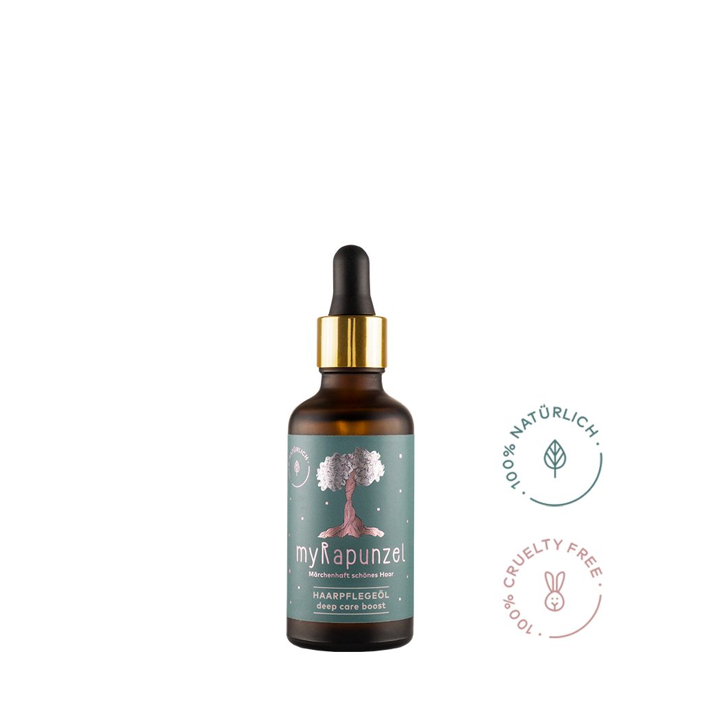 Braune Glasflasche mit Pipette. Aufschrift: myRapunzel Haarpflegeöl. Label mit Baum-Motiv. Siegel: 100% natürlich, Cruelty Free.