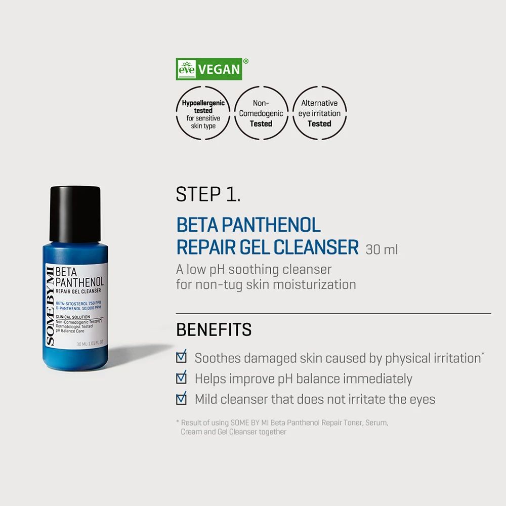 Blaue Flasche mit schwarzem Deckel. Aufschrift: Beta Panthenol Repair Gel Cleanser. Vegan-Logo. Text daneben.