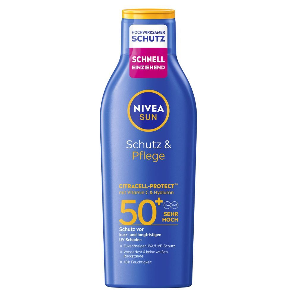 Blaue Sonnenlotion-Flasche mit gelbem Deckel. Aufschrift: NIVEA SUN Schutz & Pflege LSF 50 mit CitraCell-Protect. Sehr hoher Schutz.