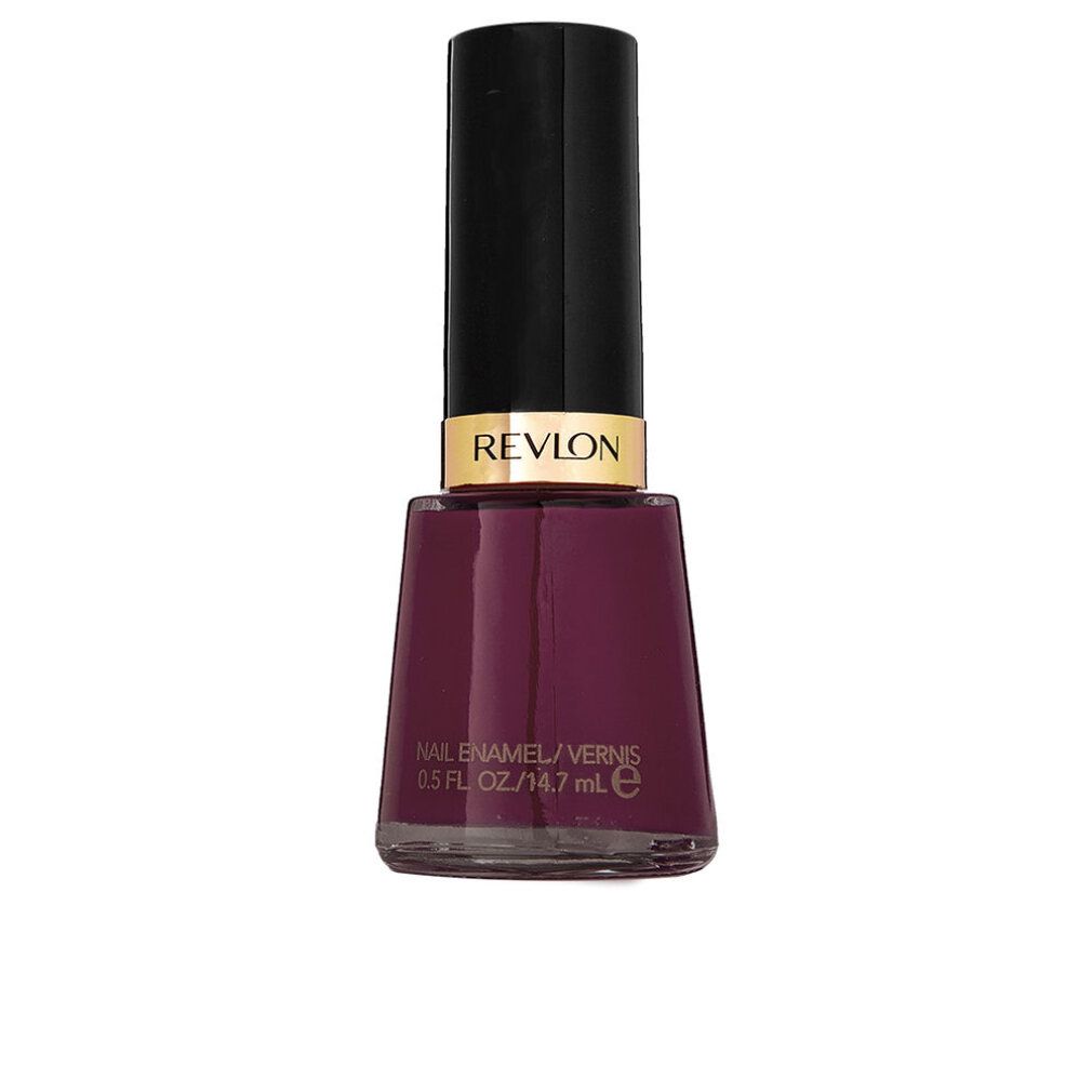 Nagellackflasche, dunkelviolett. Schwarzer Deckel mit goldener Manschette. REVON-Logo. Aufschrift: Nail Enamel/Vernis.
