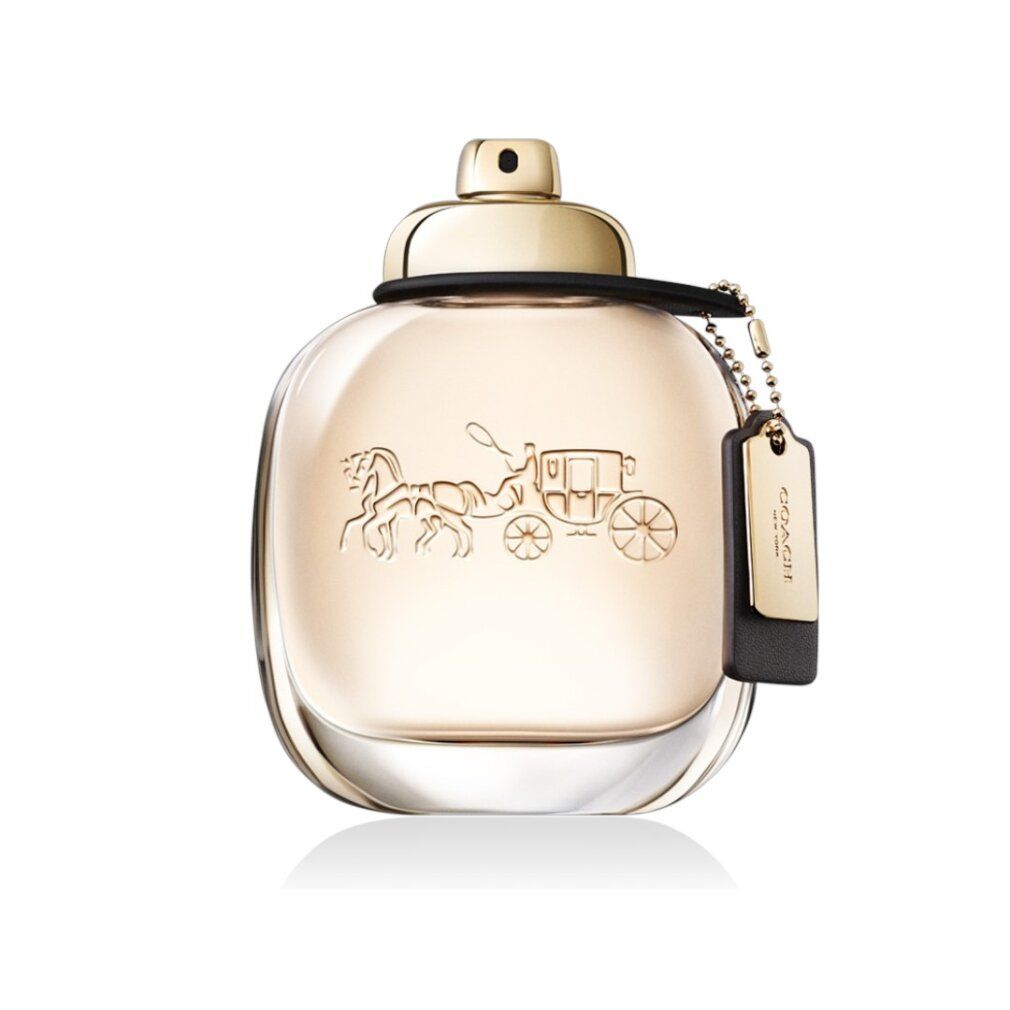 Runder Flakon mit goldfarbenem Verschluss. Schwarzer Lederanhänger mit goldfarbenem Logo. Coach New York Eau de Parfum.
