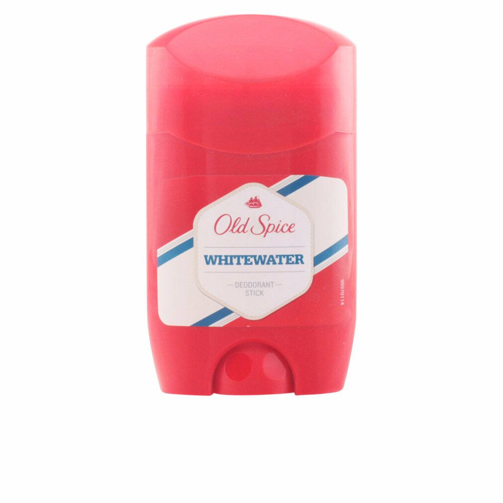 Roter Deostift mit weißem Etikett. Aufschrift: Old Spice Whitewater. Mit blau-weißen Streifen.