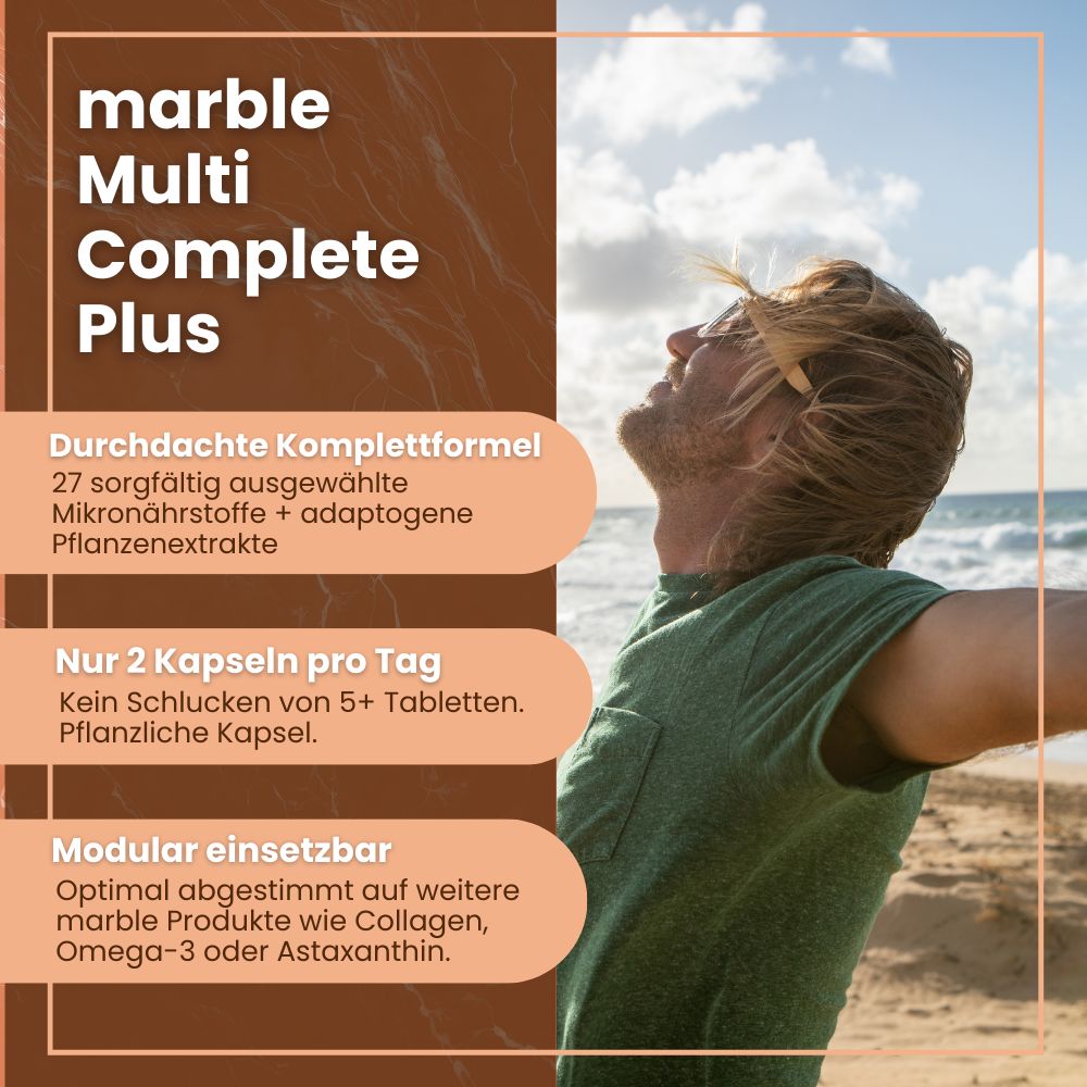 Mann am Strand. Text: Multi Complete Plus, 27 Mikronährstoffe, 2 Kapseln pro Tag, pflanzliche Kapsel.