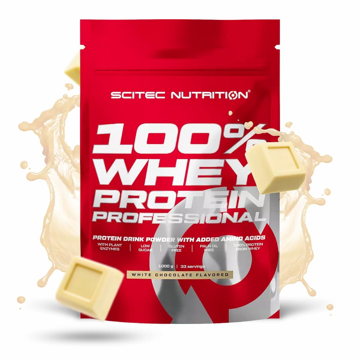 Rote Verpackung mit "Scitec Nutrition 100% Whey Protein Professional". Weiße Schokoladenstücke und Spritzer.