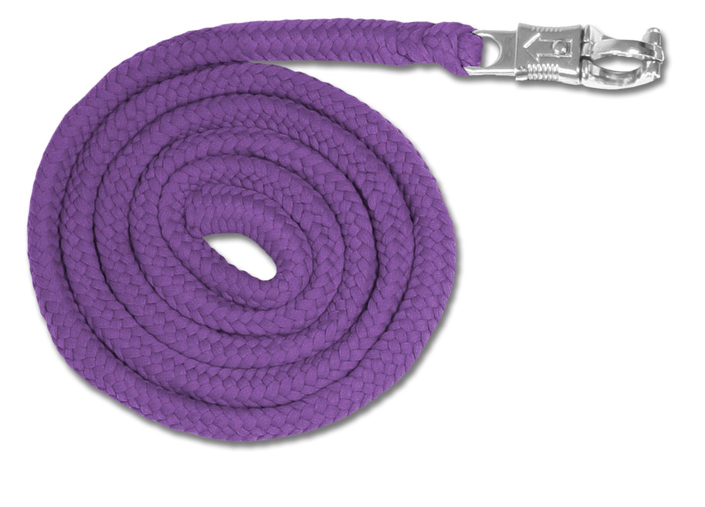 Violett geflochtener Führstrick mit silberfarbenem Panikhaken, auf weißem Hintergrund.