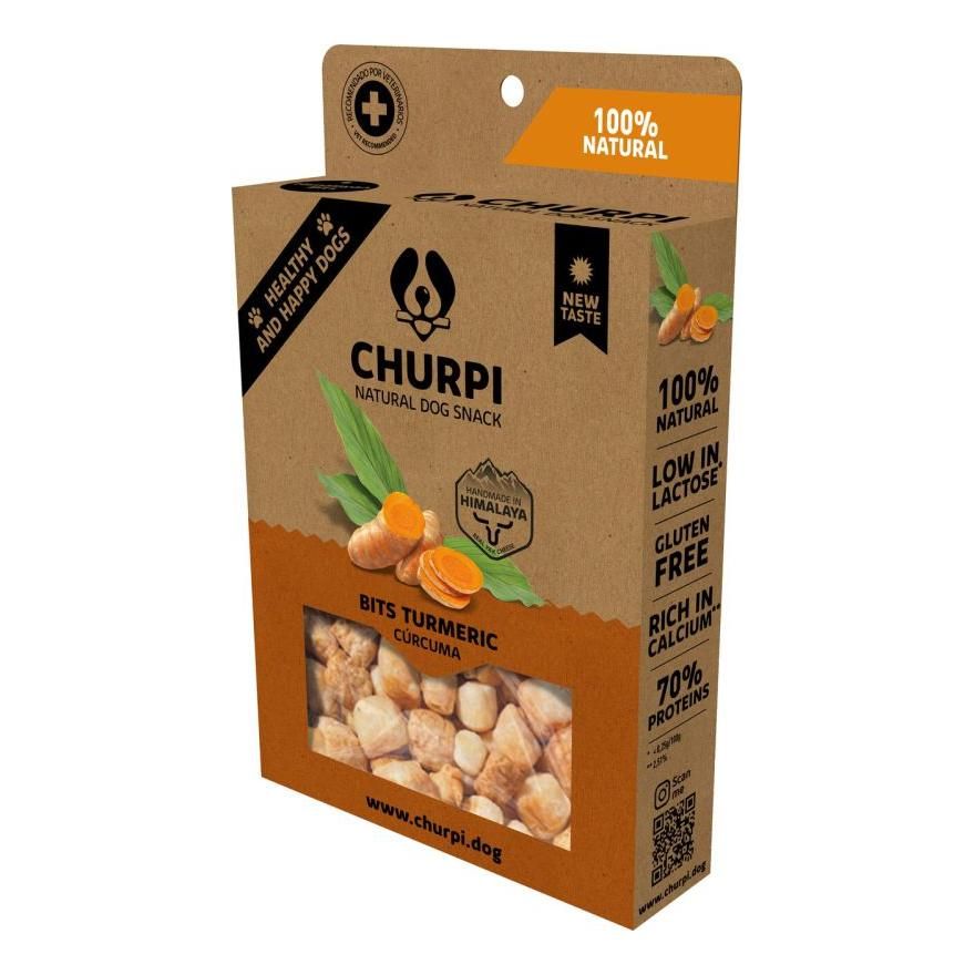 Verpackung von Churpi Himalaya Bits. Braune Kartonverpackung mit Sichtfenster. Aufdrucke: Churpi, 100% natürlich, glutenfrei, 70% Proteine.