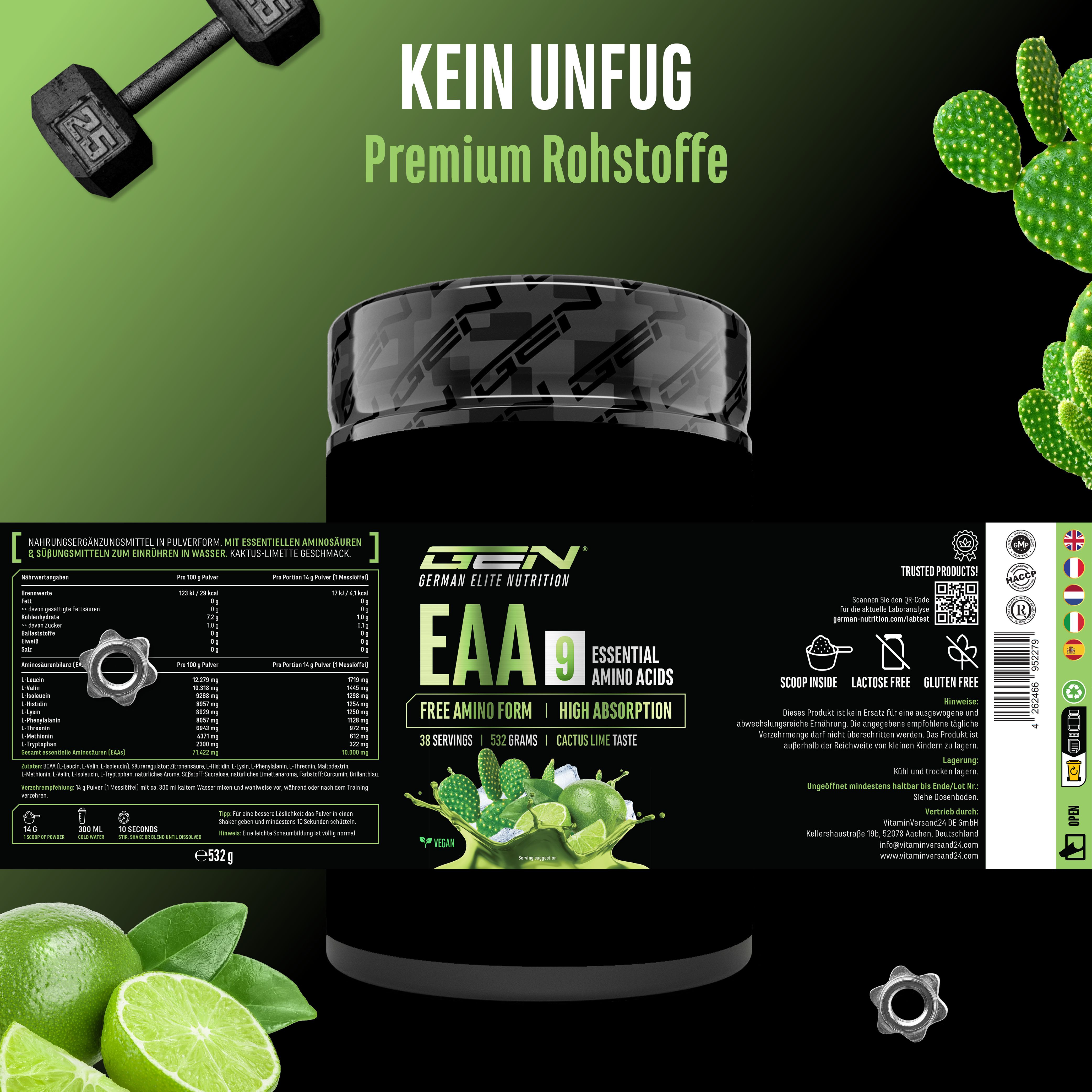 Produkt GEN EAA 9 in Dose. Schwarze Dose mit Produktinformationen. Enthält 532g. Mit Kaktus-Limette Geschmack. Text: Free Amino Form, High Absorption.
