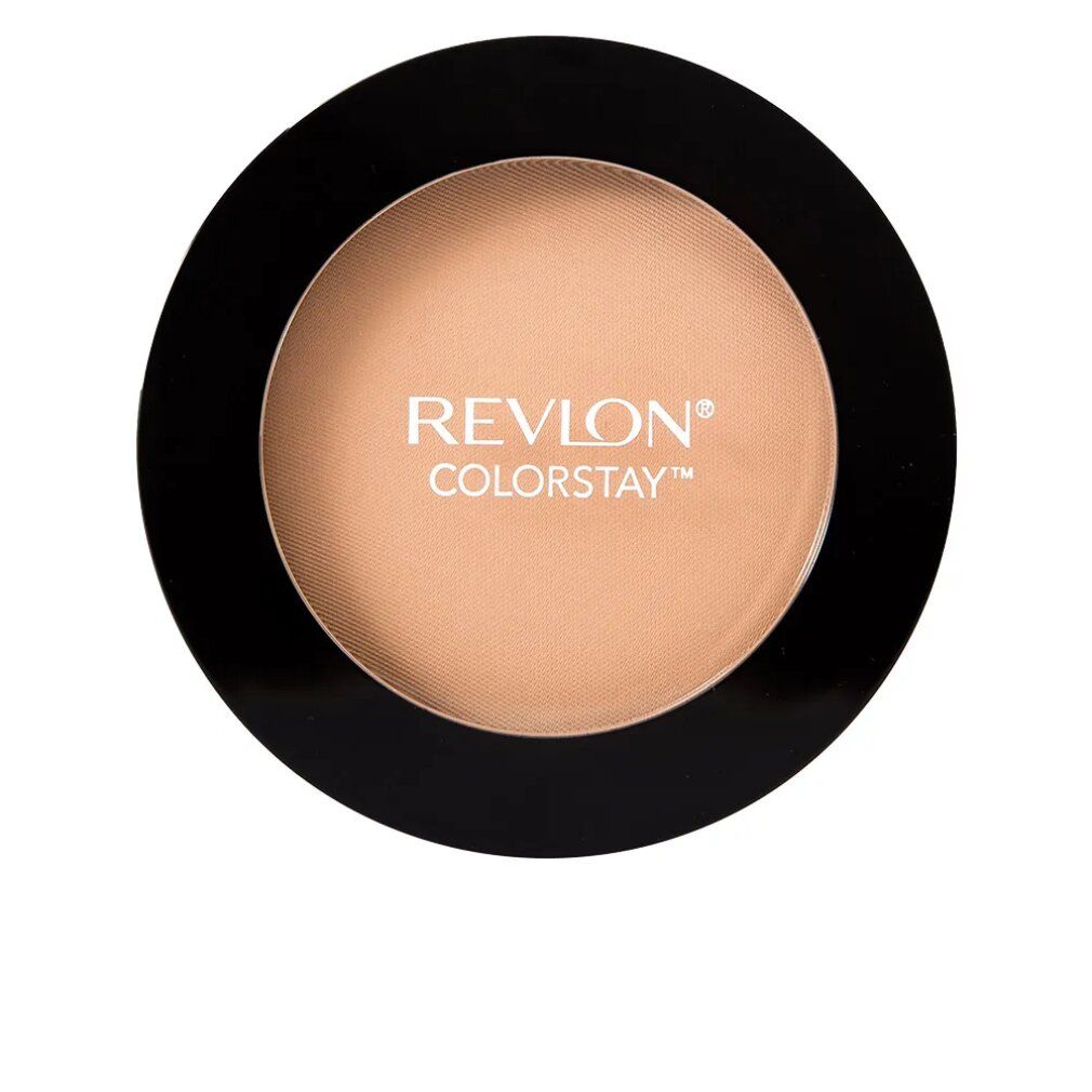 Runder, gepresster Puder in einem schwarzen Behälter. Auf dem Puder steht REVLON COLORSTAY.