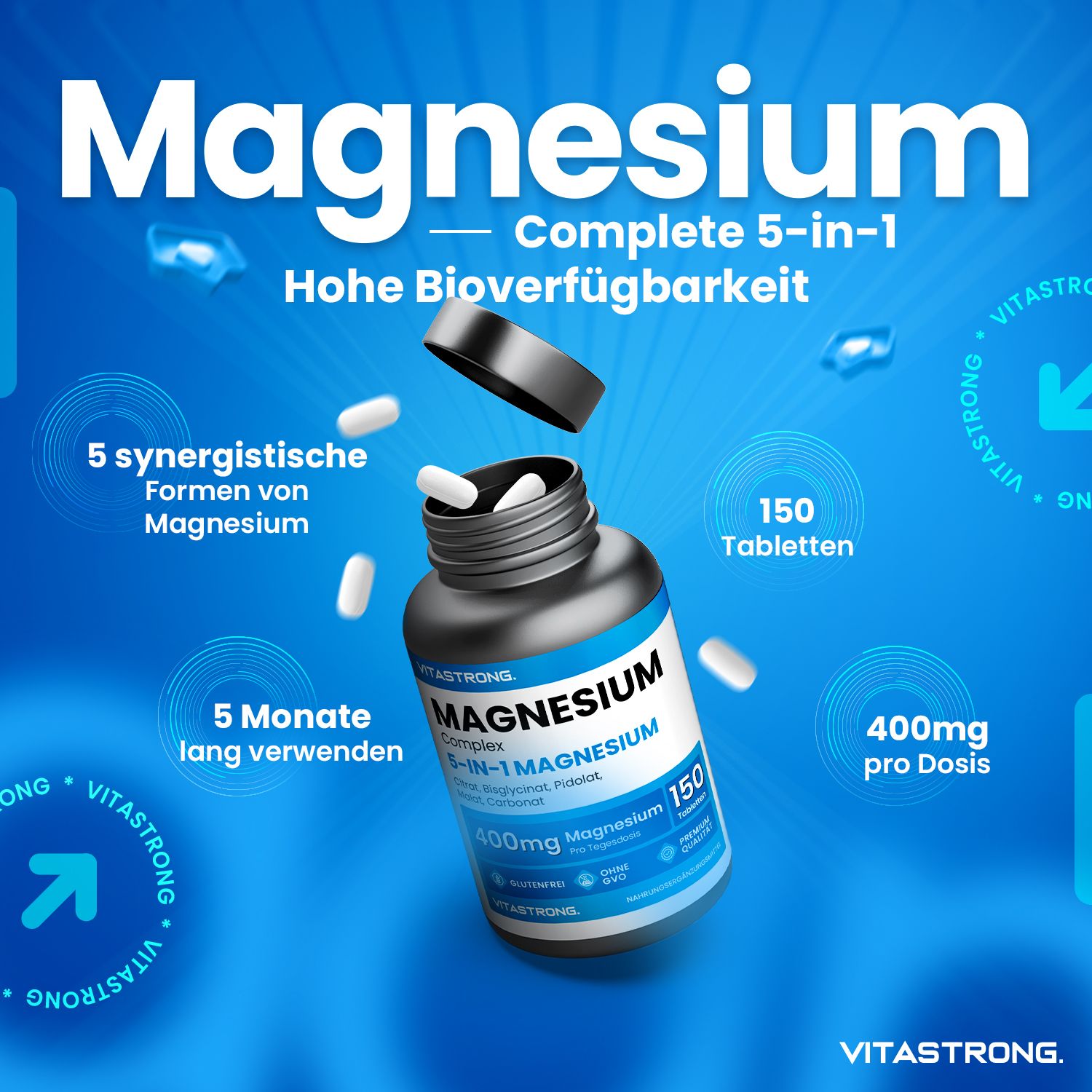 Magnesium-Komplex 5-in-1. Flasche mit Tabletten, 150 Stück. Enthält 400mg Magnesium pro Dosis. Glutenfrei, ohne GVO.