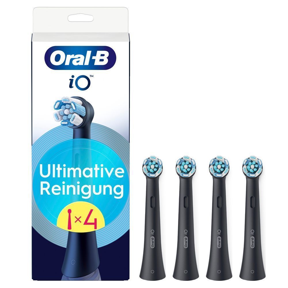 Packung mit vier schwarzen Oral-B iO Ultimative Reinigung Aufsteckbürsten. Die Verpackung zeigt eine Zahnbürste und Produktnamen.