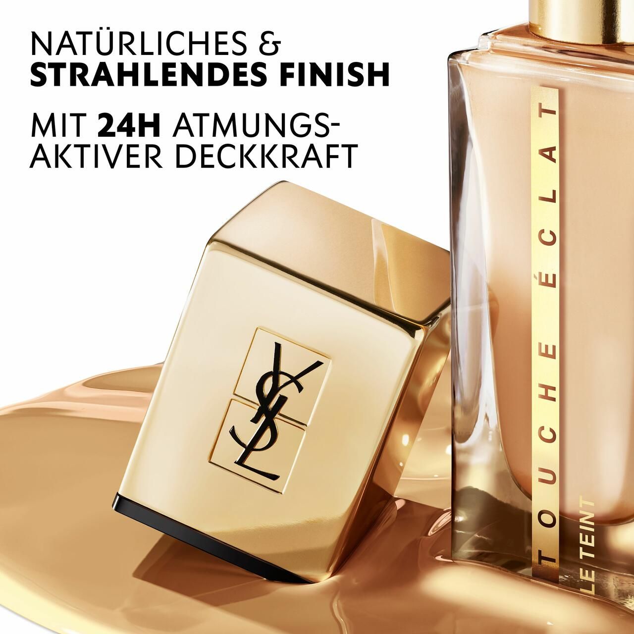 Foundation-Flakon, goldfarbener Deckel, schwarzes Logo, Schriftzug. Text: Natürliches & strahlendes Finish, mit 24H atmungsaktiver Deckkraft.
