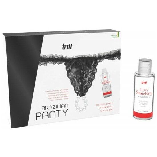 Verpackung mit schwarzem Brazilian Panty und Erdbeer-Gleitgel. Marke: intt. Aufschrift: Sexy Strawberry Sliding Gel.