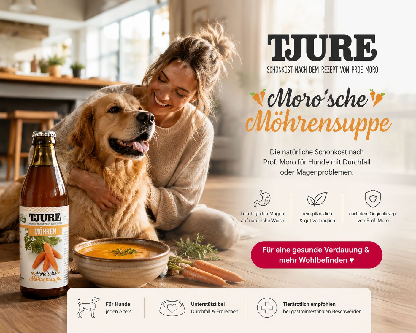 Tjure Moro'sche Möhrensuppe: Eine Flasche und eine Schüssel Karottensuppe mit einem Hund und einer Frau.