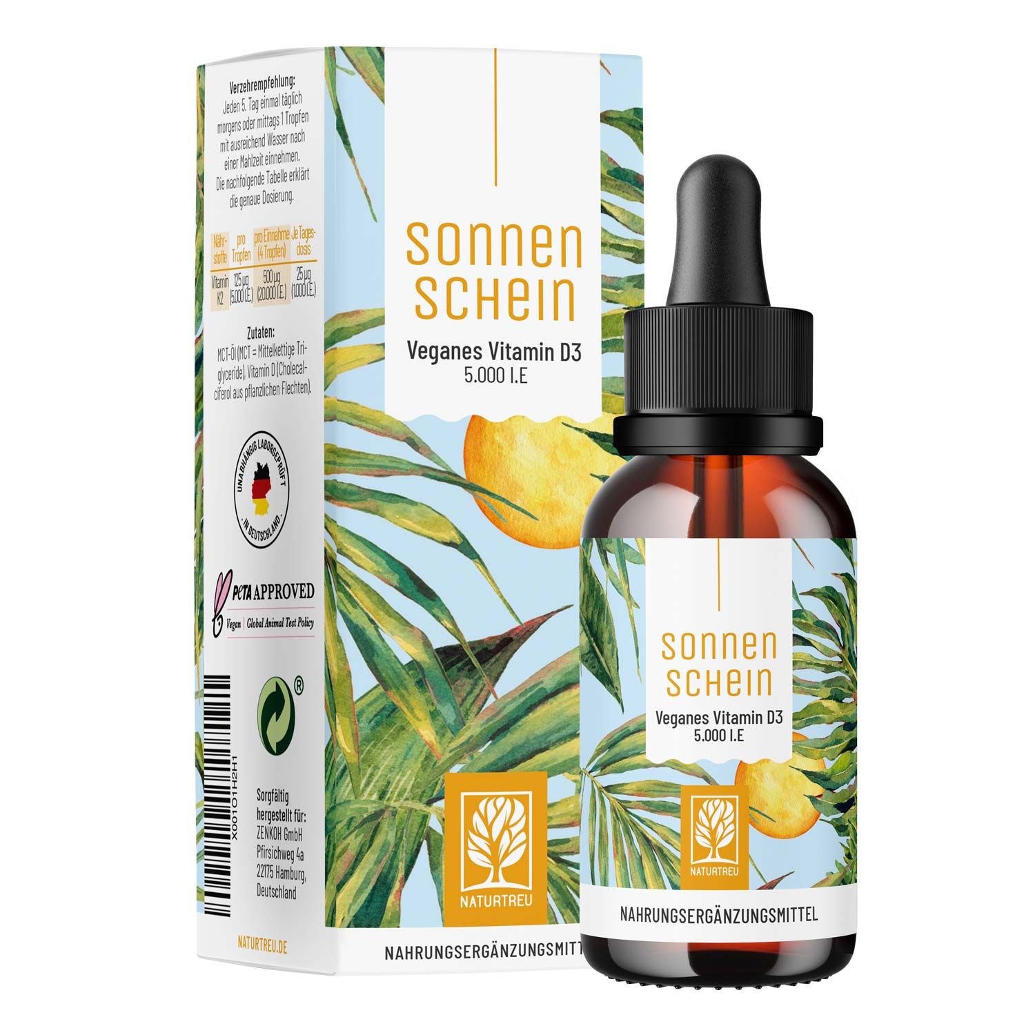 Vitamin D3-Tropfen hochdosiert & vegan - mit 5000 I.E pro Tropfen - Sonnenschein - NATURTREU®