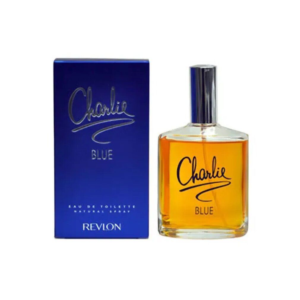 Blauer Karton und Flakon. Aufschrift 'Charlie Blue' und 'Revlon'. Flakon mit silbernem Verschluss, Flüssigkeit bernsteinfarben.
