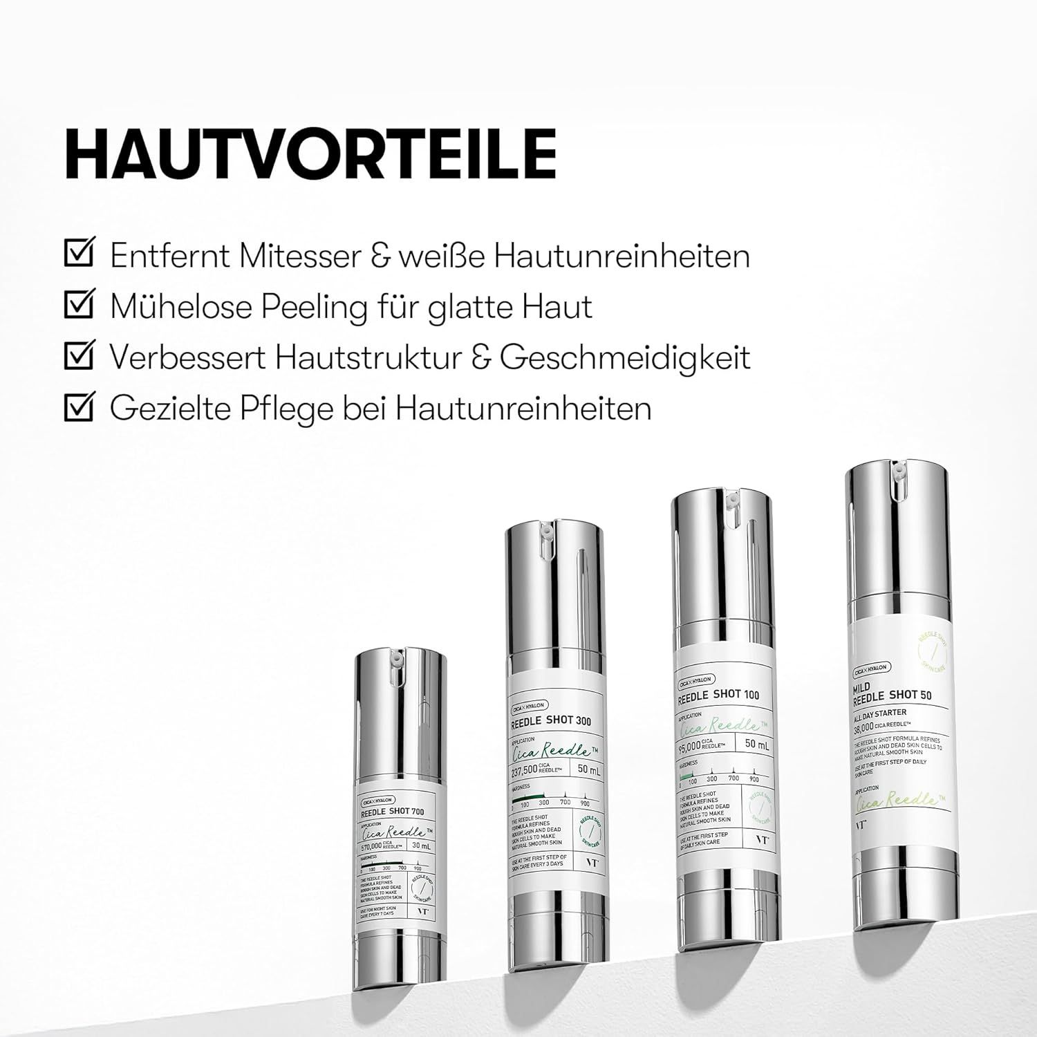 Vier Produktflaschen. Text: Hautvorteile. Text: Entfernt Mitesser & weiße Hautunreinheiten, mühelose Peeling, verbessert Hautstruktur.