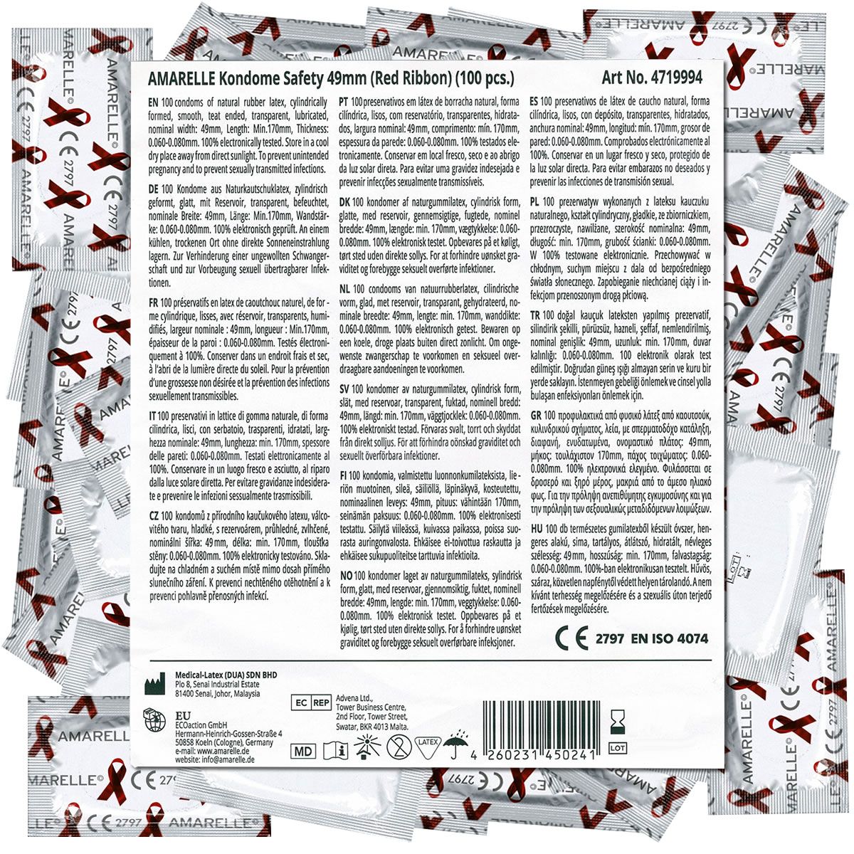 Haufen einzelner Kondome mit rotem Band. Text: Amarelle Kondome Safety 49mm (Red Ribbon). CE-Kennzeichnung.