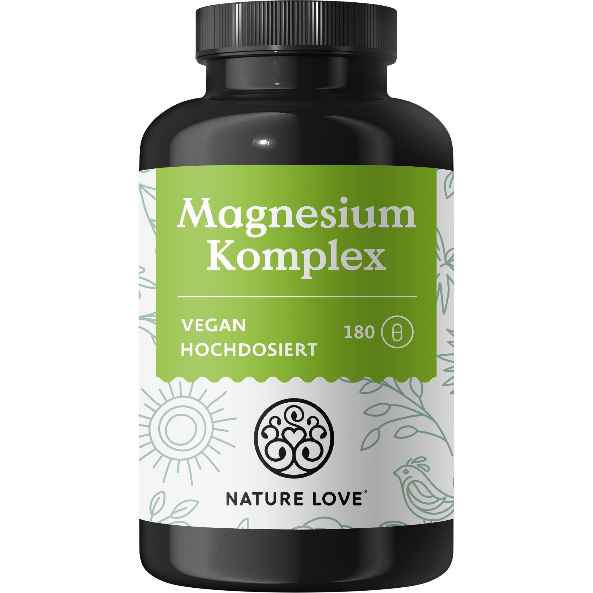 Schwarze Flasche mit Etikett. Magnesium Komplex. Vegan, hochdosiert. 180 Kapseln. NATURE LOVE® Logo.
