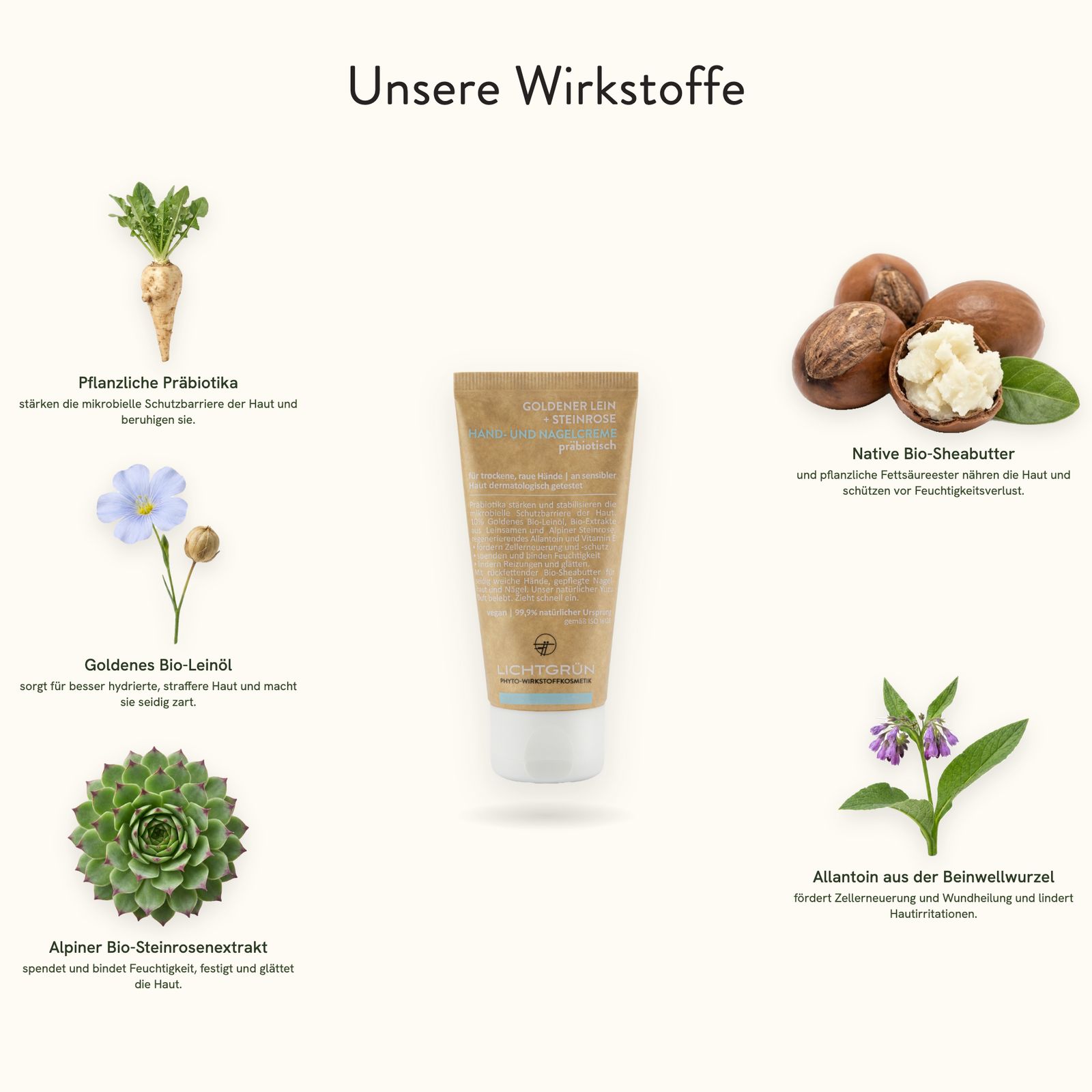 Wirkstoffe der Handcreme: Pflanzen-Präbiotika, Bio-Leinöl, Steinrosenextrakt, Bio-Sheabutter, Yuzu-Duft.